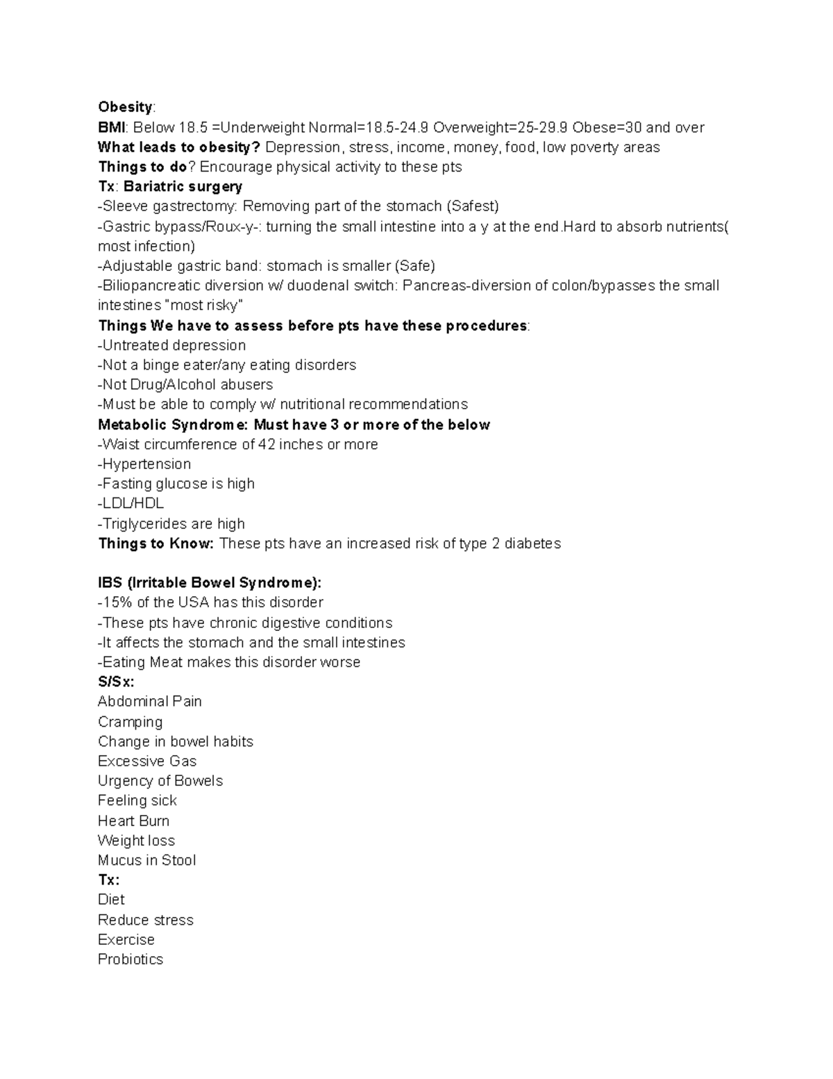 Med Surg Wk8 Medsurg 2 notes exam 2 Obesity BMI Below 18