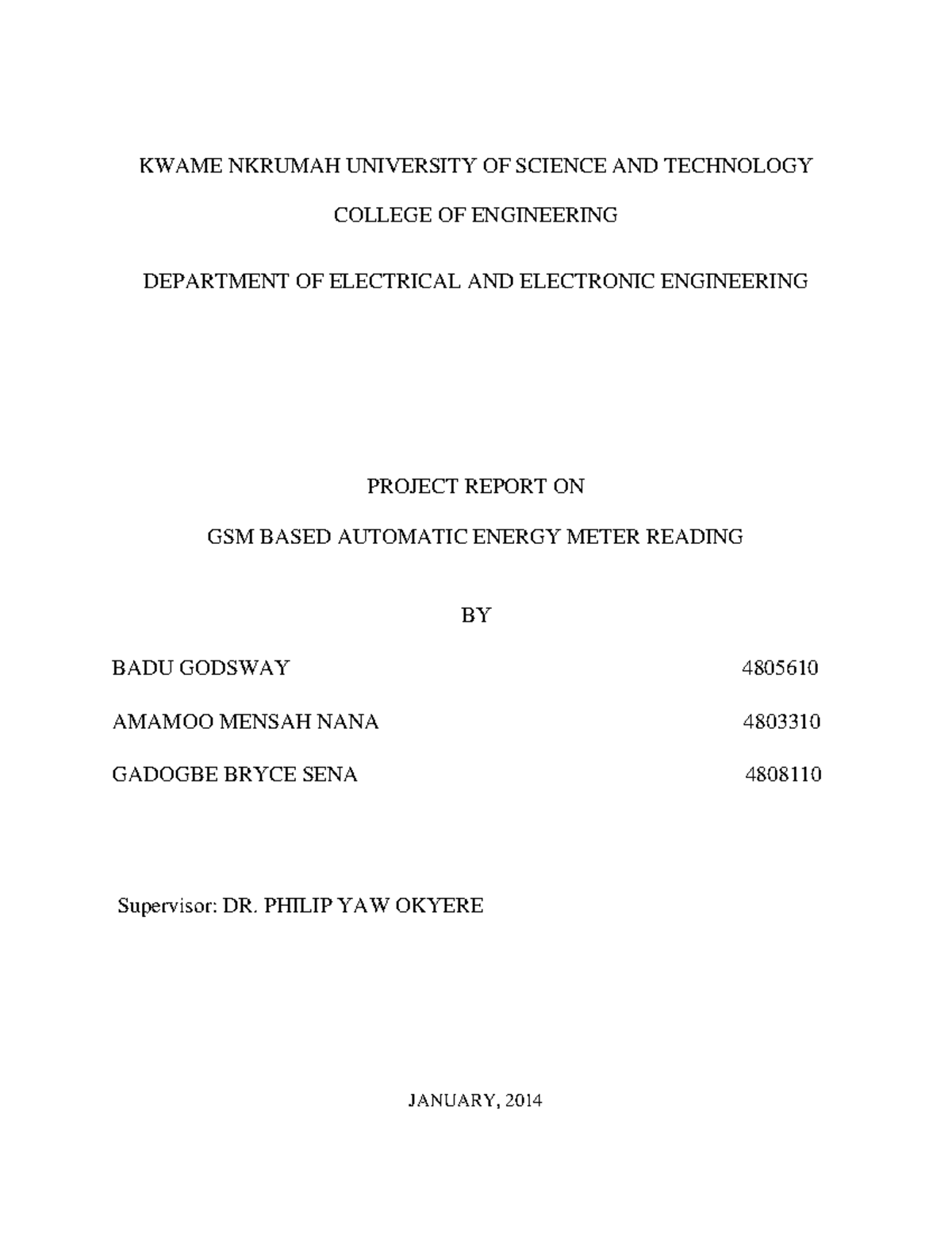 GSM Based Automatic Energy Meter - KWAME NKRUMAH UNIVERSITY OF SCIENCE ...