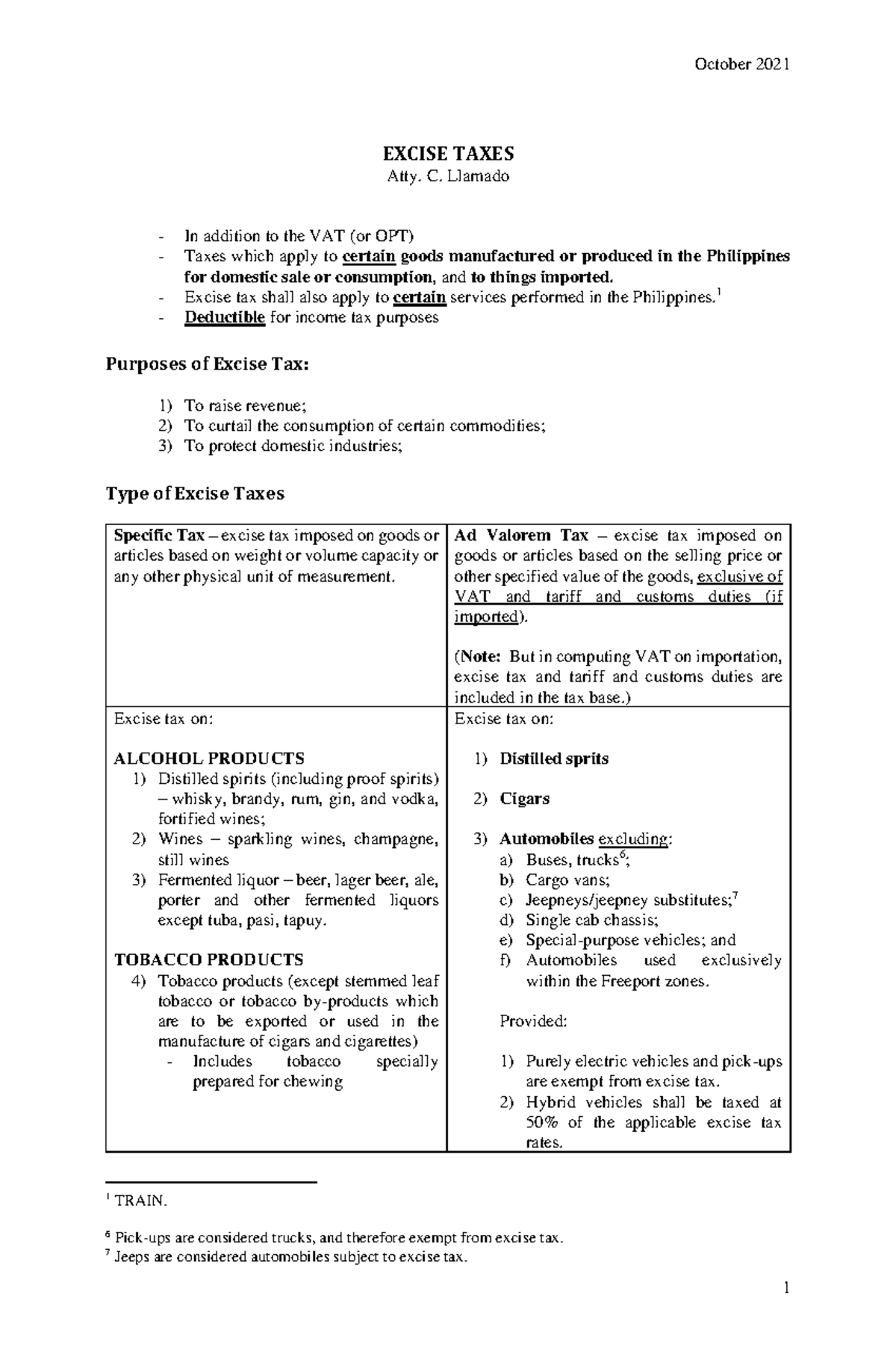 CPAR Excise Tax, DST (Batch 90) Handout EXCISE TAXES Atty. C. Llamado