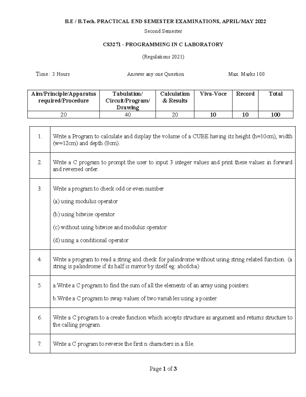 CS3271 SET6 - C Lab Questions - B / B. PRACTICAL END SEMESTER ...