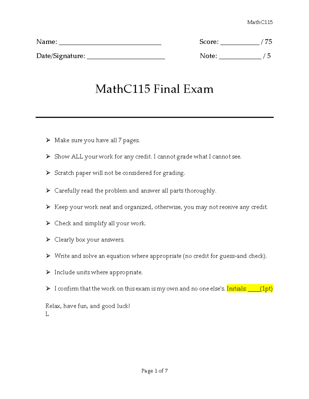 Math C 115 Final Exam Name _____________________________ Score