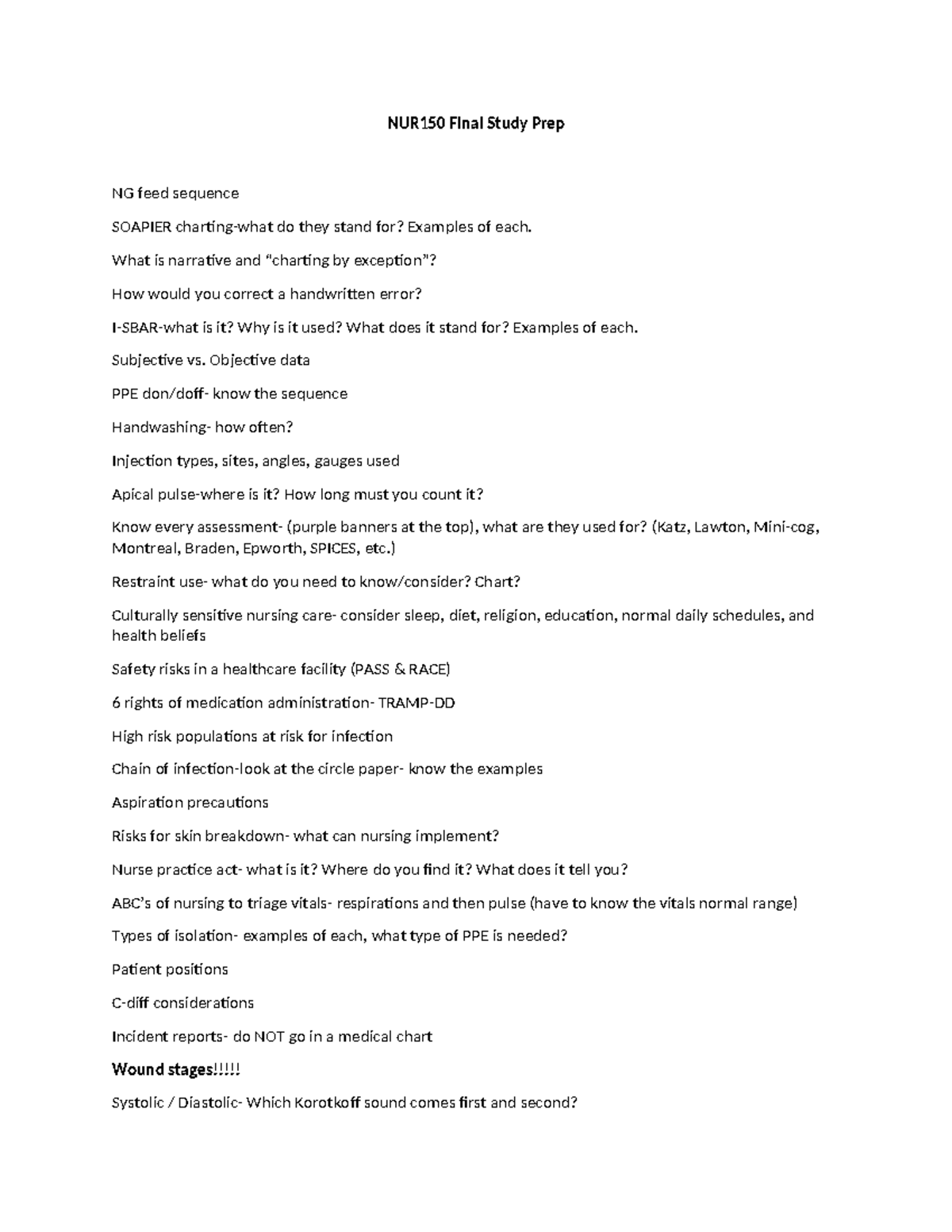 NUR150 Final Study Prep - What is narrative and “charting by exception ...