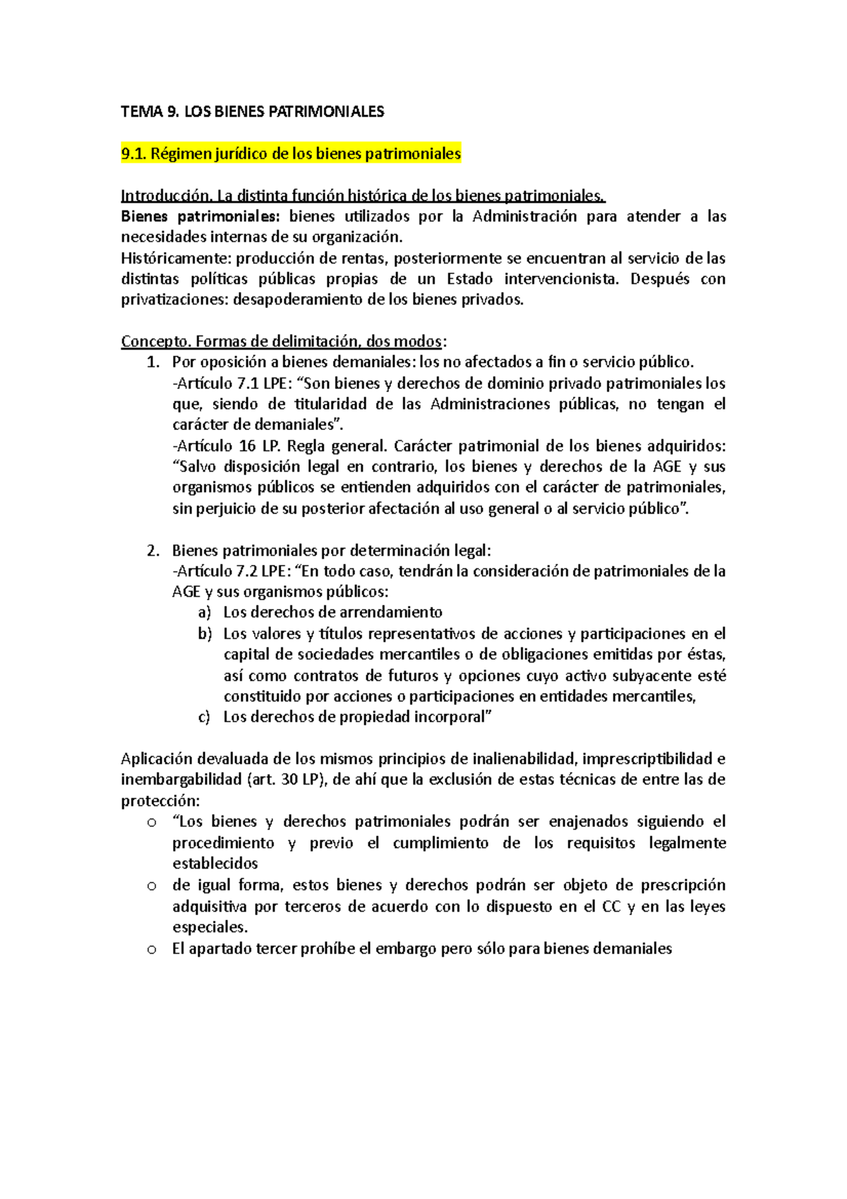TEMA 9 Apuntes 9 TEMA 9. LOS BIENES PATRIMONIALES Régimen jurídico de los bienes TEMA 9 Apuntes 9 TEMA 9. LOS BIENES PATRIMONIALES Régimen jurídico de los bienes