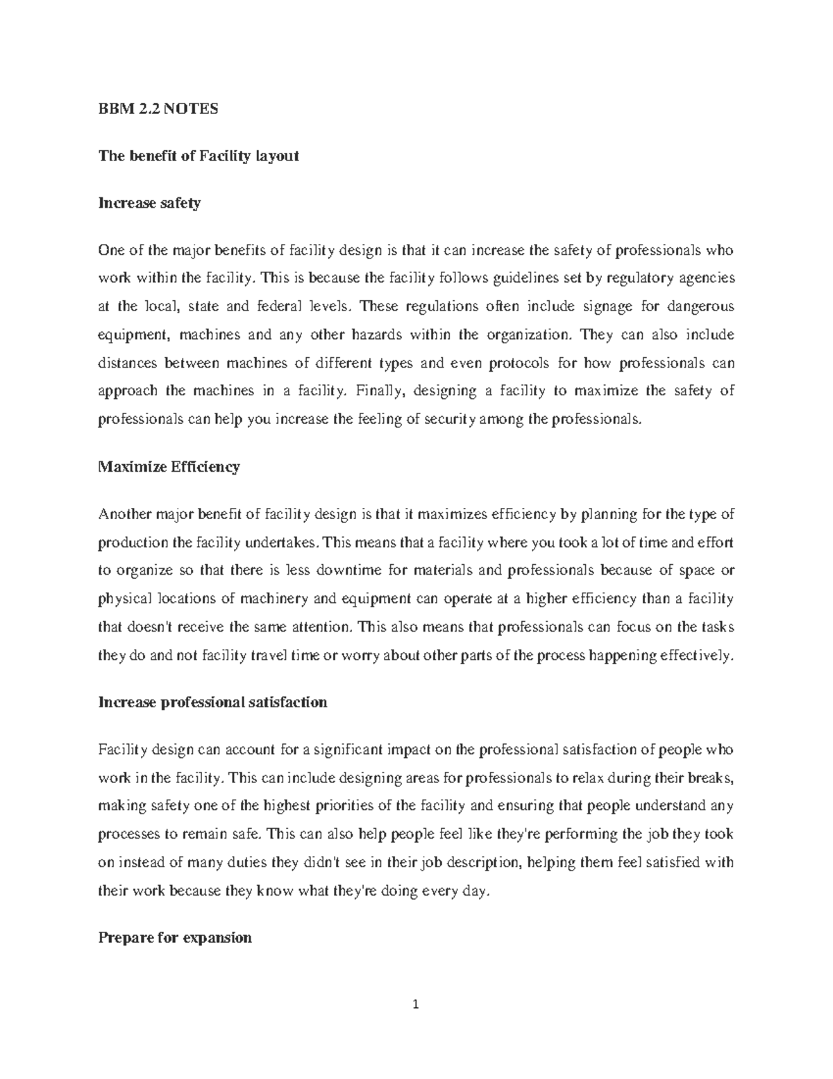 BBM 2.2 Notes PDF - Good - BBM 2 NOTES The benefit of Facility layout ...