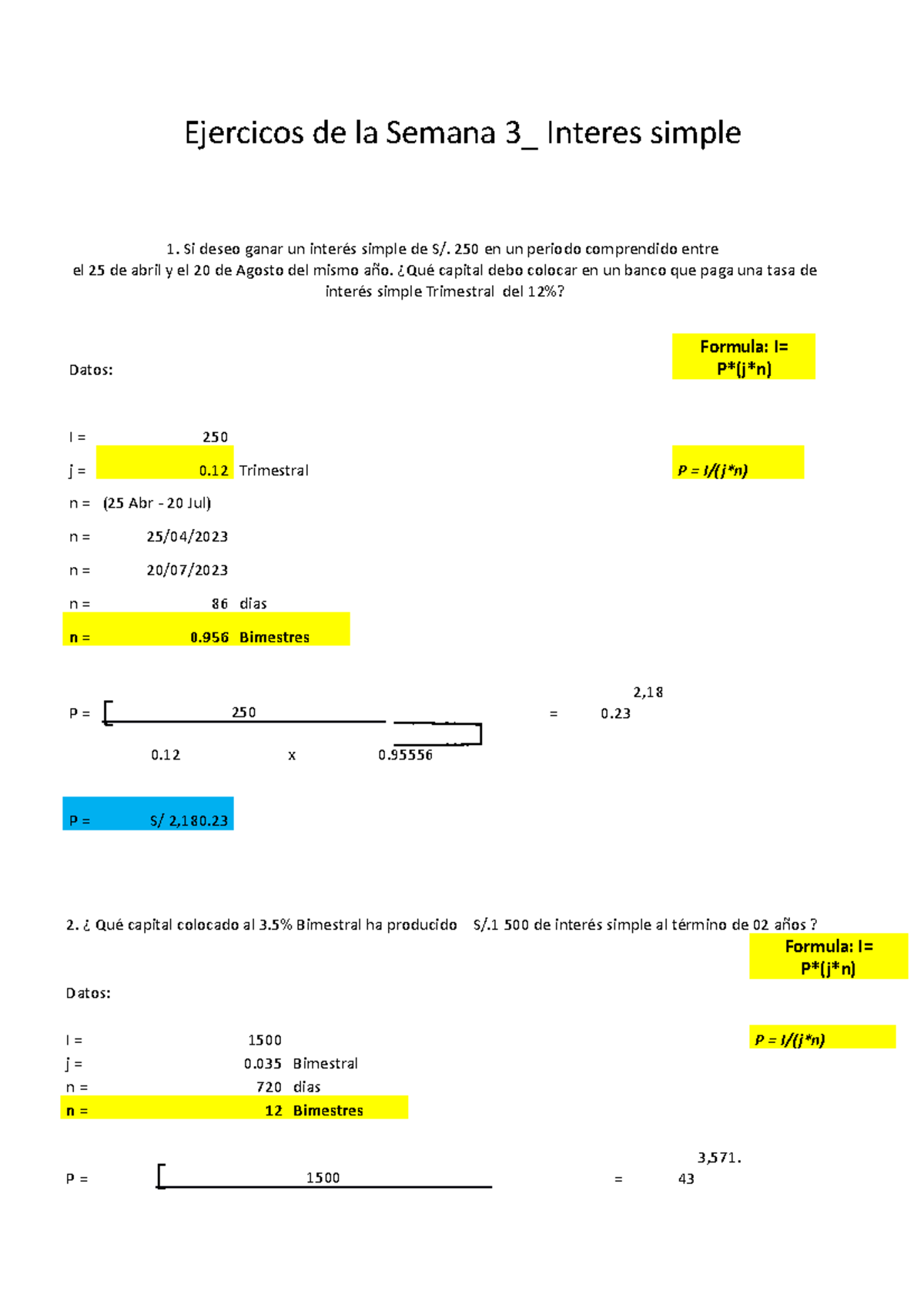Semana 3 interes simple 1 - Ejercicos de la Semana 3_ Interes simple Si ...