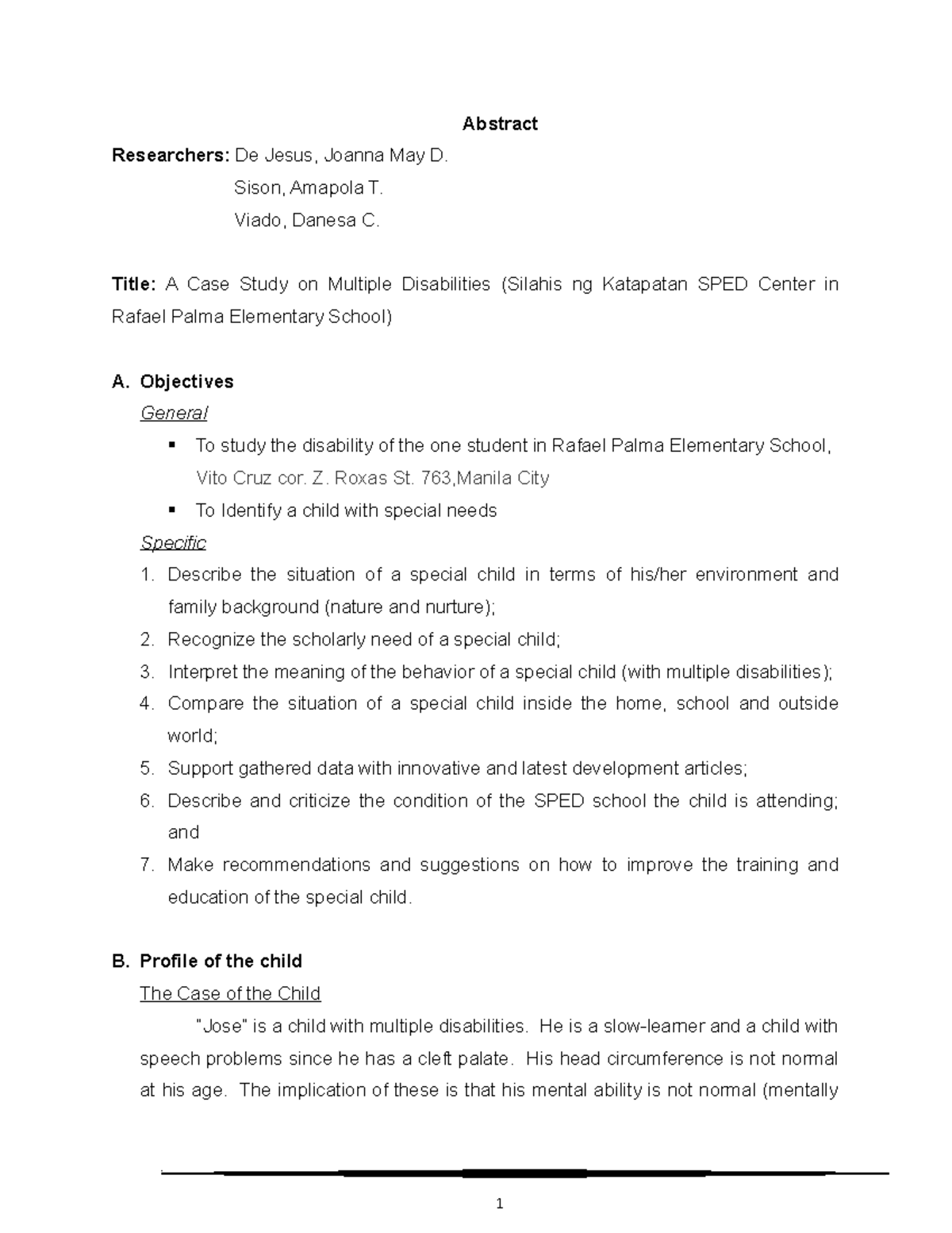 21559862 Sped Case Study - Abstract Researchers: De Jesus, Joanna May D ...