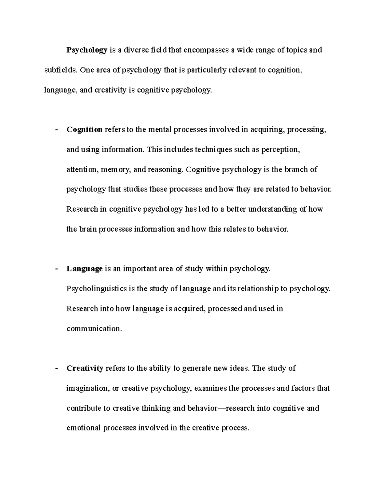 Cognition, Language,, Creativity Psych Notes - Psychology is a diverse ...