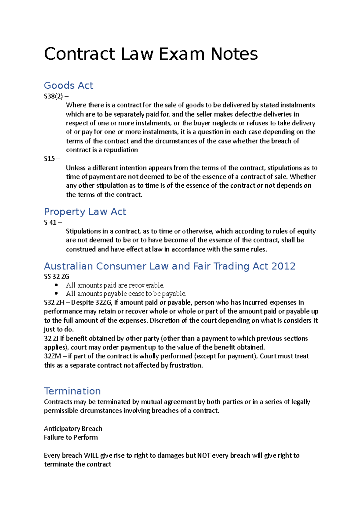 Contract Law Exam Notes - Contract Law Exam Notes Goods Act S38(2 ...