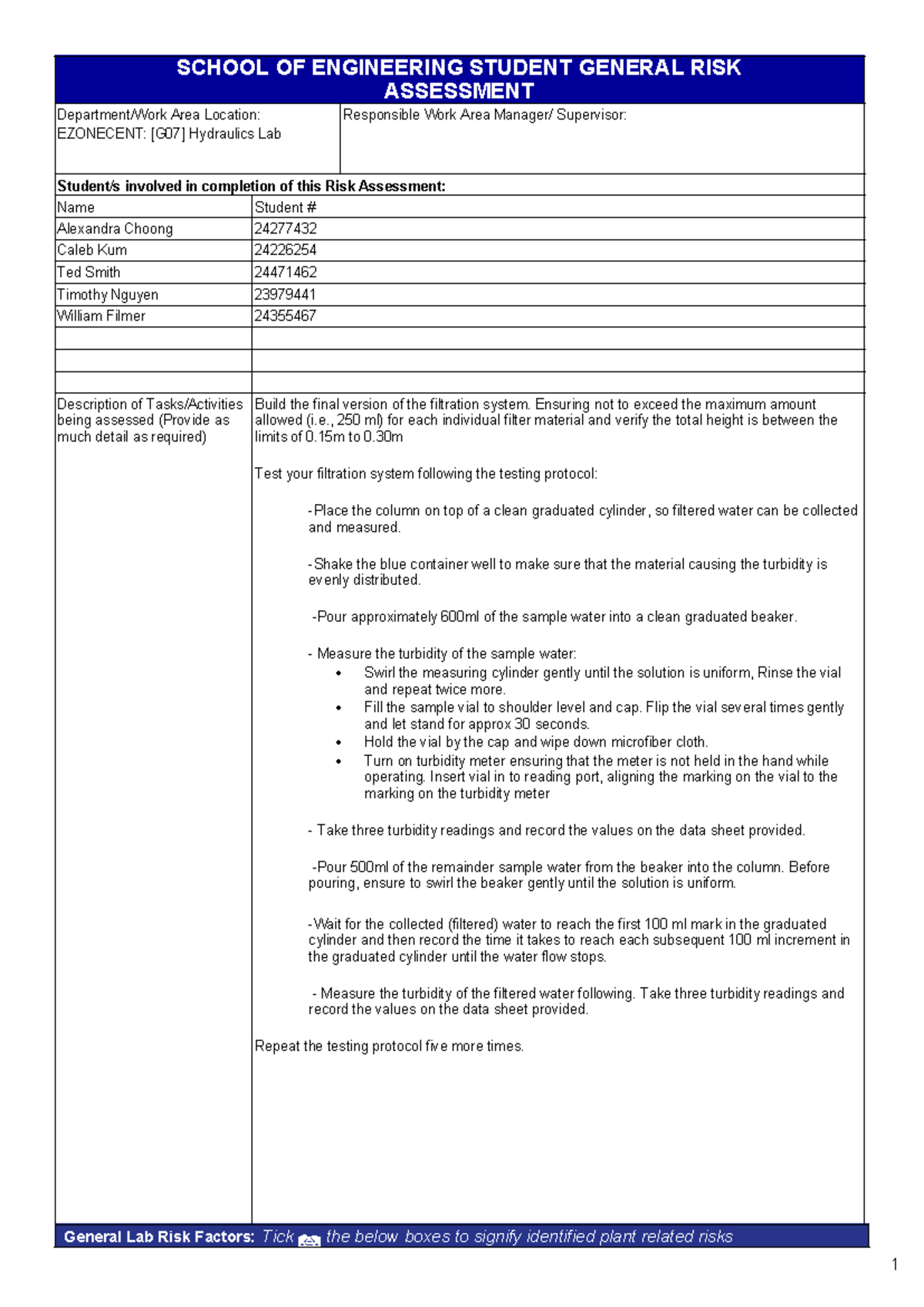 GENG1000 So E General Risk Assessment Class 4 Team 1 2024 - SCHOOL OF ...