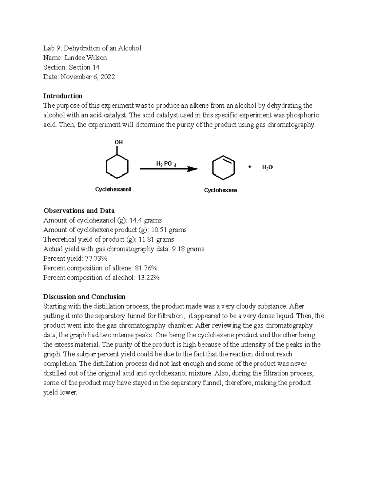 Lab 9 Dehydration of an Alcohol Report Lab 9 Dehydration of an