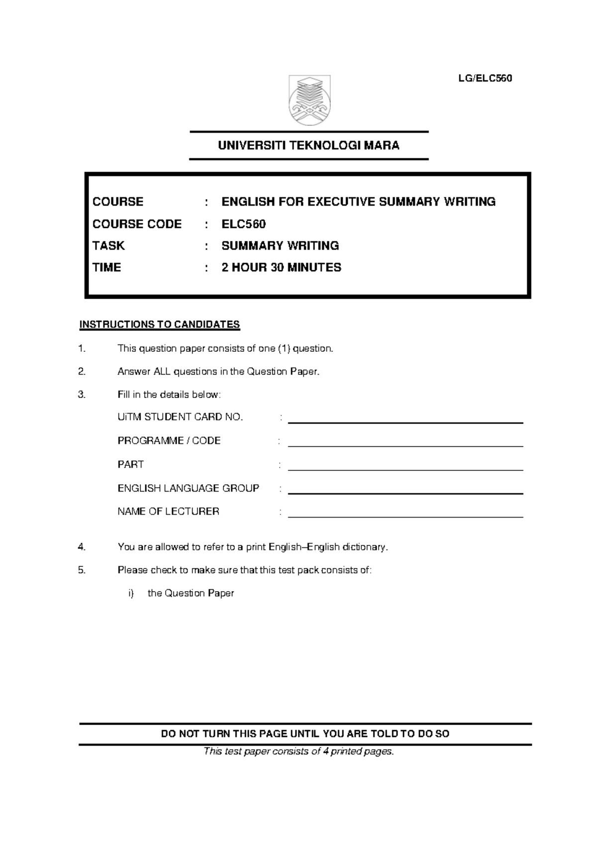 ELC Summary Writing ( Question) LG/ELC UNIVERSITI TEKNOLOGI MARA