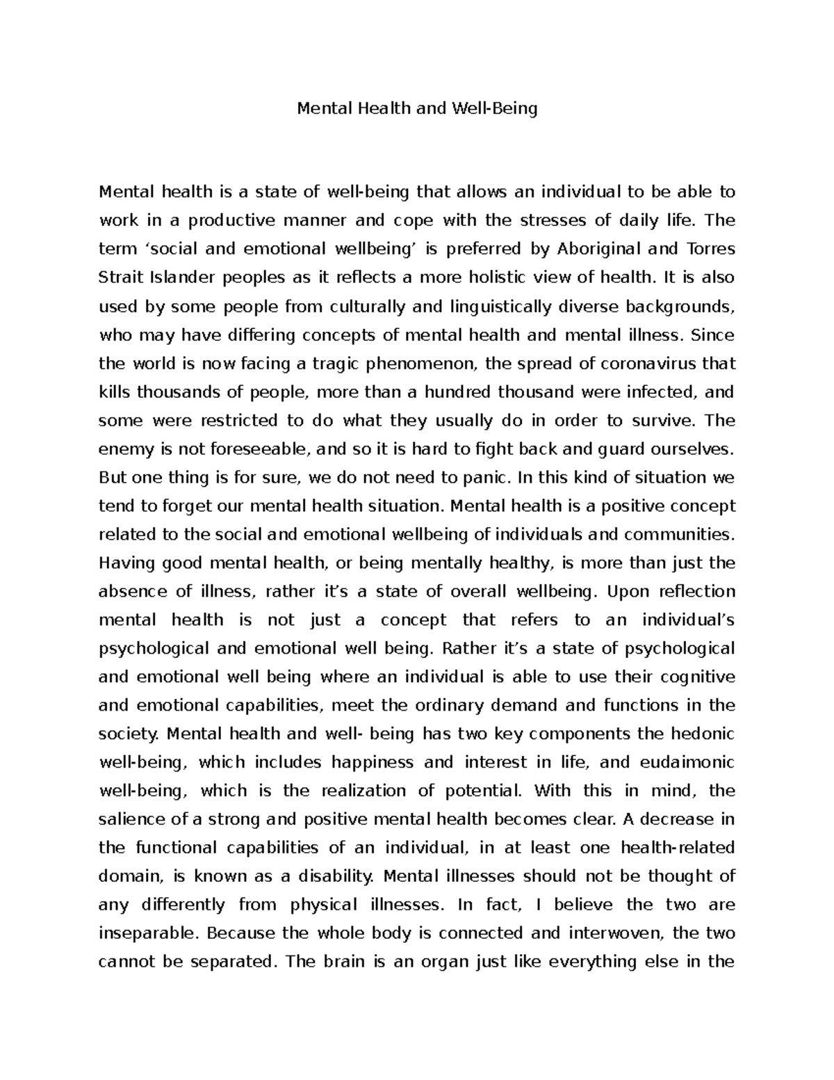 Importance Of Mental Health And Well Being Essay