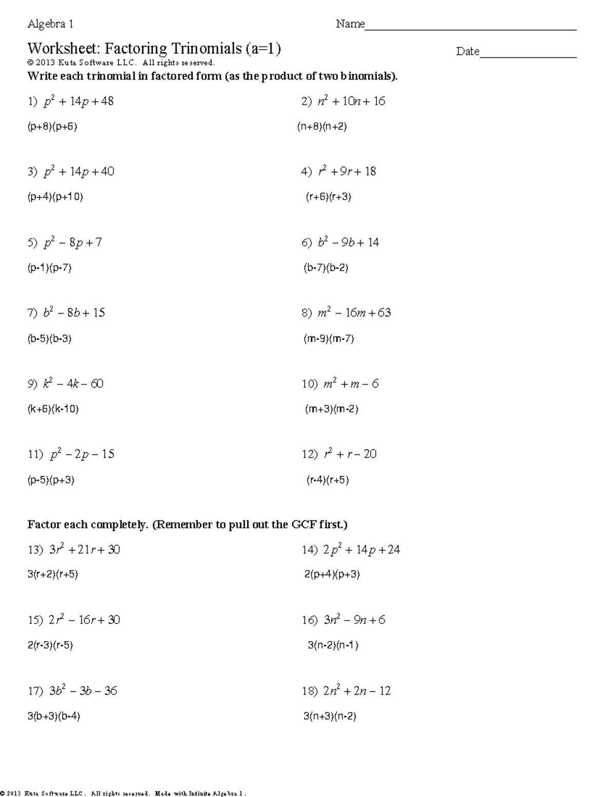 Factoring Trinomials A Ia 1 Worksheet 1 - ©c K 2 F 0 U 1 P 3 D 