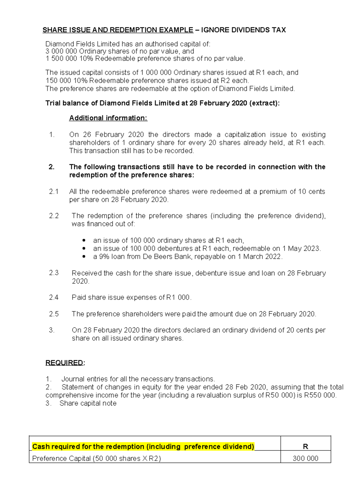 Redemption EG - Diamond Fields LTD - SHARE ISSUE AND REDEMPTION EXAMPLE ...