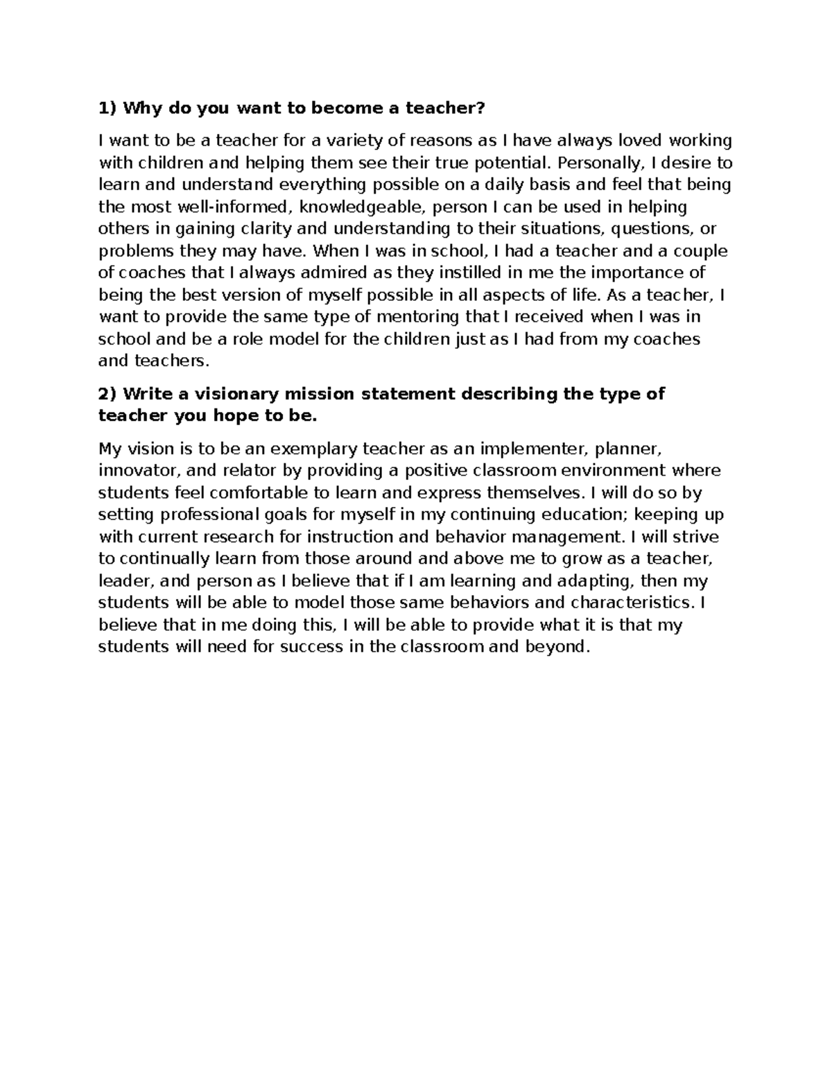 Module 1 Teacher Why and Visionary Statement - Why do you want to ...
