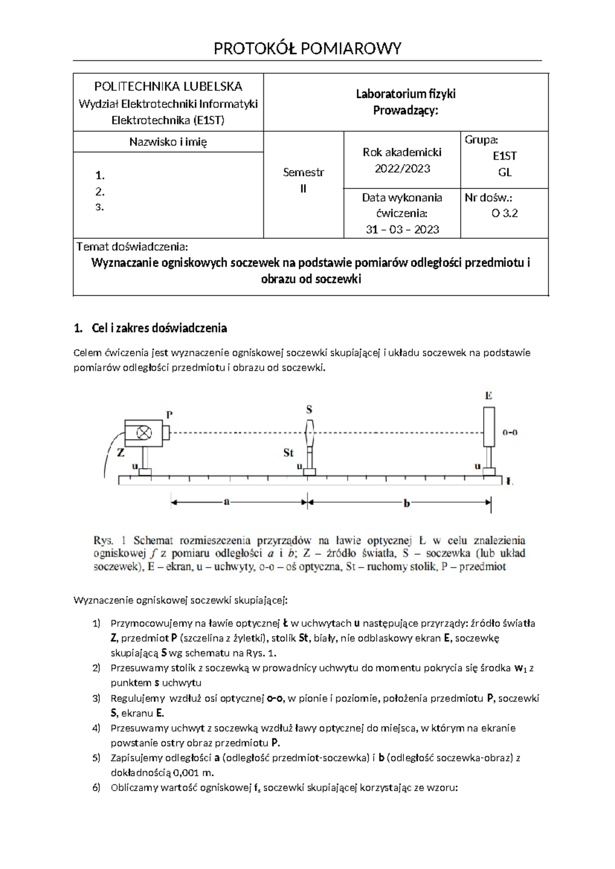 Protokół-z-fizyki 3.2 optyka - PROTOKÓŁ POMIAROWY POLITECHNIKA LUBELSKA
