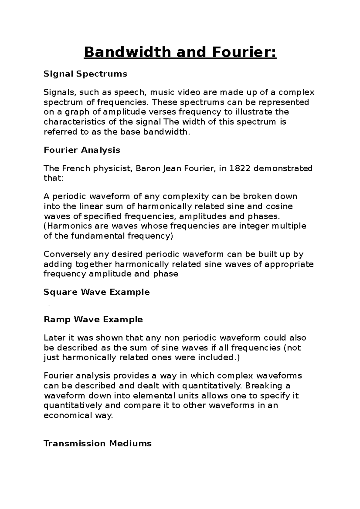 Bandwidth and Fourier - Lecture notes 4 - Bandwidth and Fourier: Signal ...