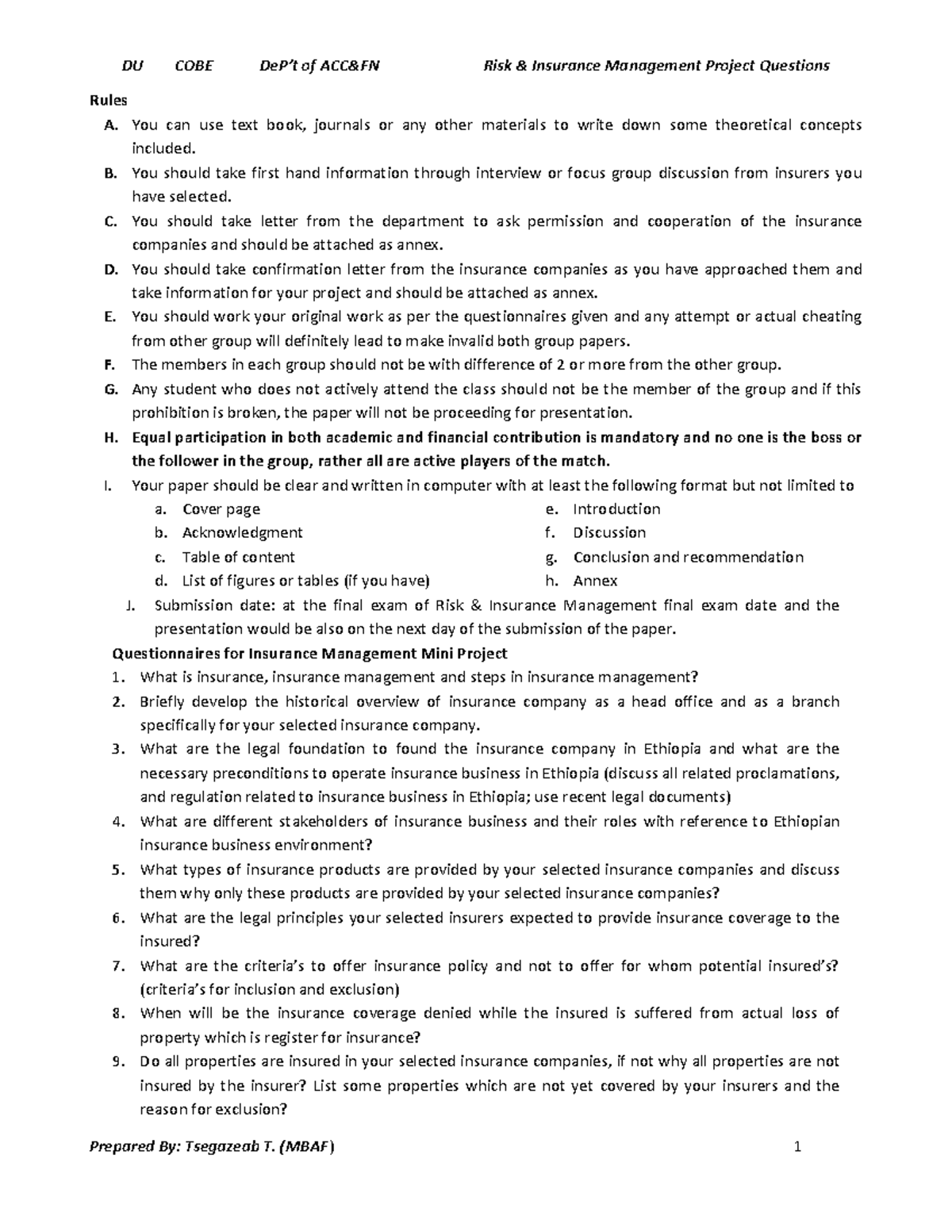 Questionnaires for Insurance Management Mini Project 111602 - DU COBE ...