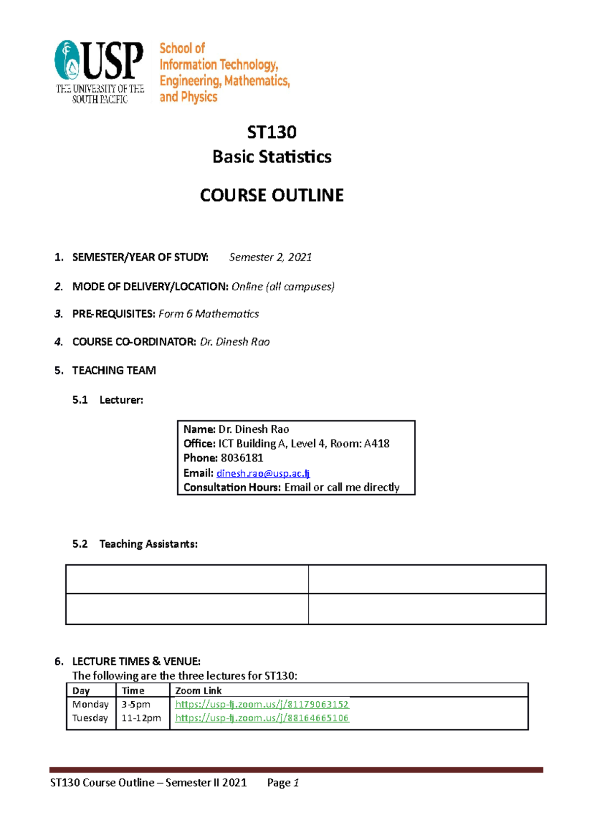 Revised Course Outline ST130 S2 2021 - ST Basic Statistics COURSE ...