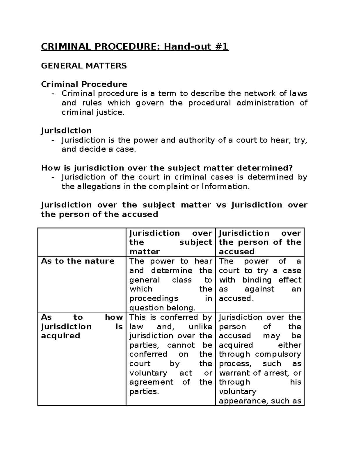 Criminal Procedure - Notes - CRIMINAL PROCEDURE: Hand-out GENERAL ...