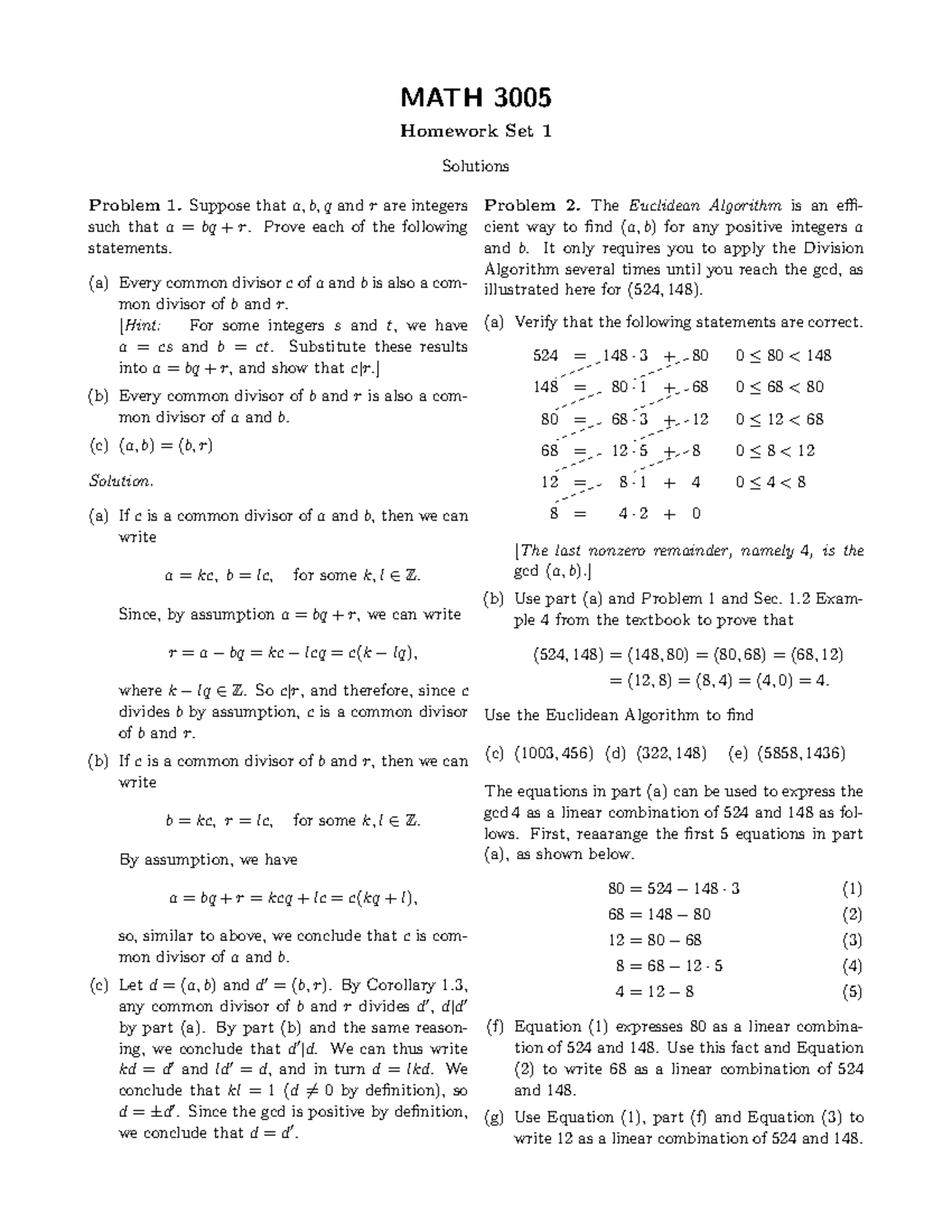 Hw1Sols - Homework Solutions - MATH 3005 Homework Set 1 Solutions ...