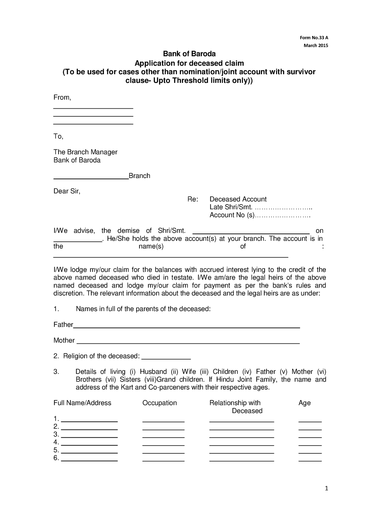 Formats for Deceased claim-Form No.33A-upto threshold limit-1 - Form No ...