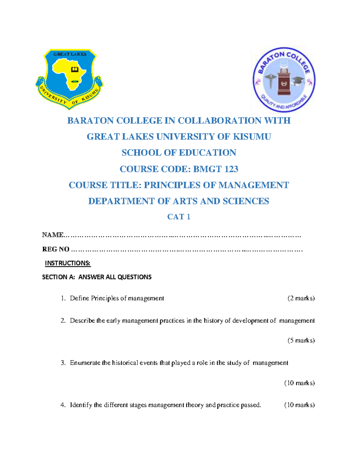 BMGT 123 Principles OF Management - BARATON COLLEGE IN COLLABORATION ...