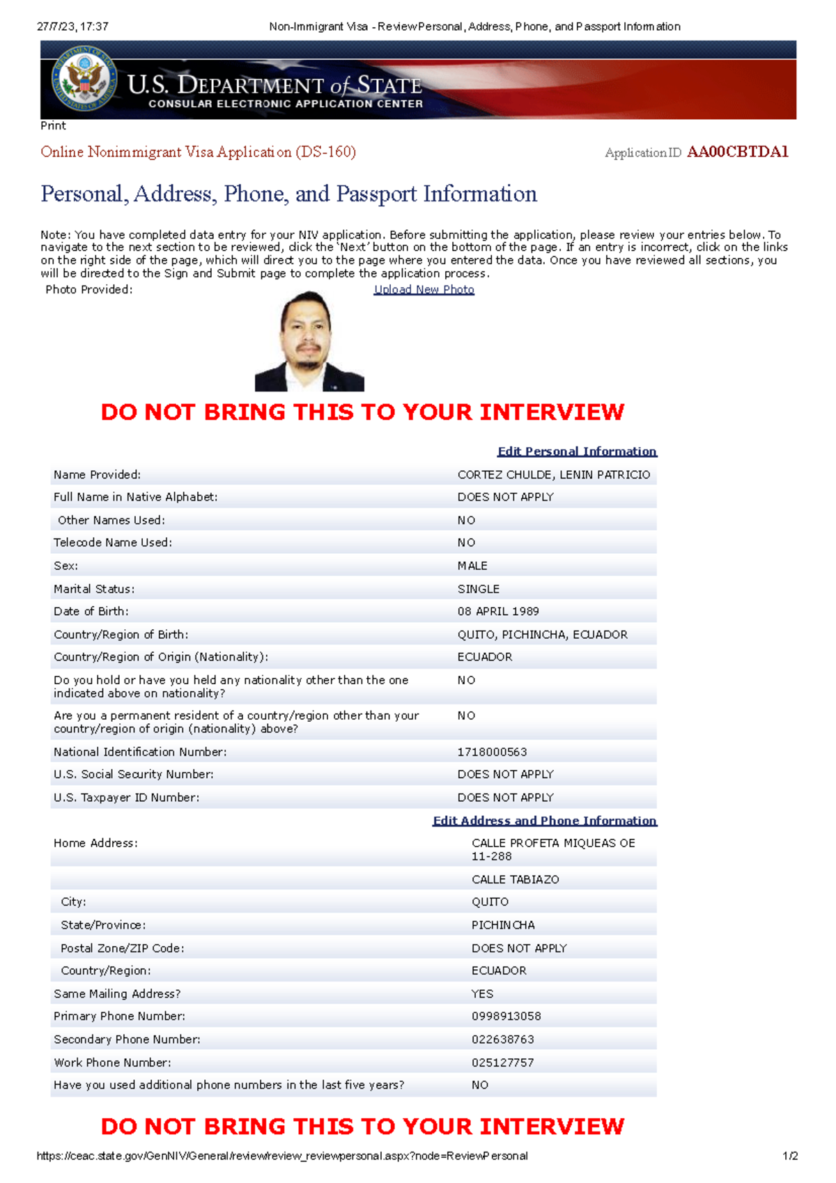Personal, Non-Immigrant Visa - Review Personal, Address, Phone, and ...