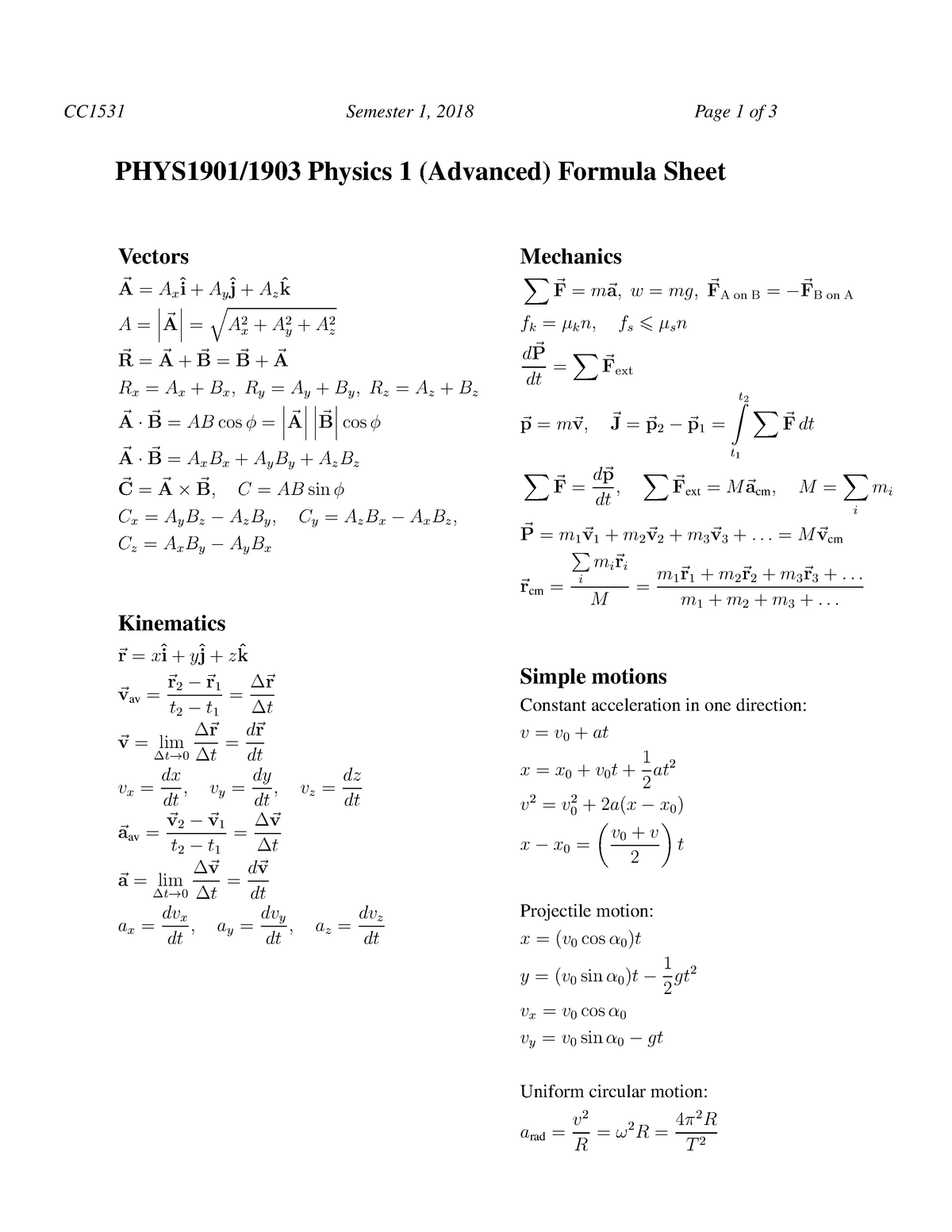 PHYS1901 Exam formula sheet-3 - PHYS1901 - USyd - Studocu