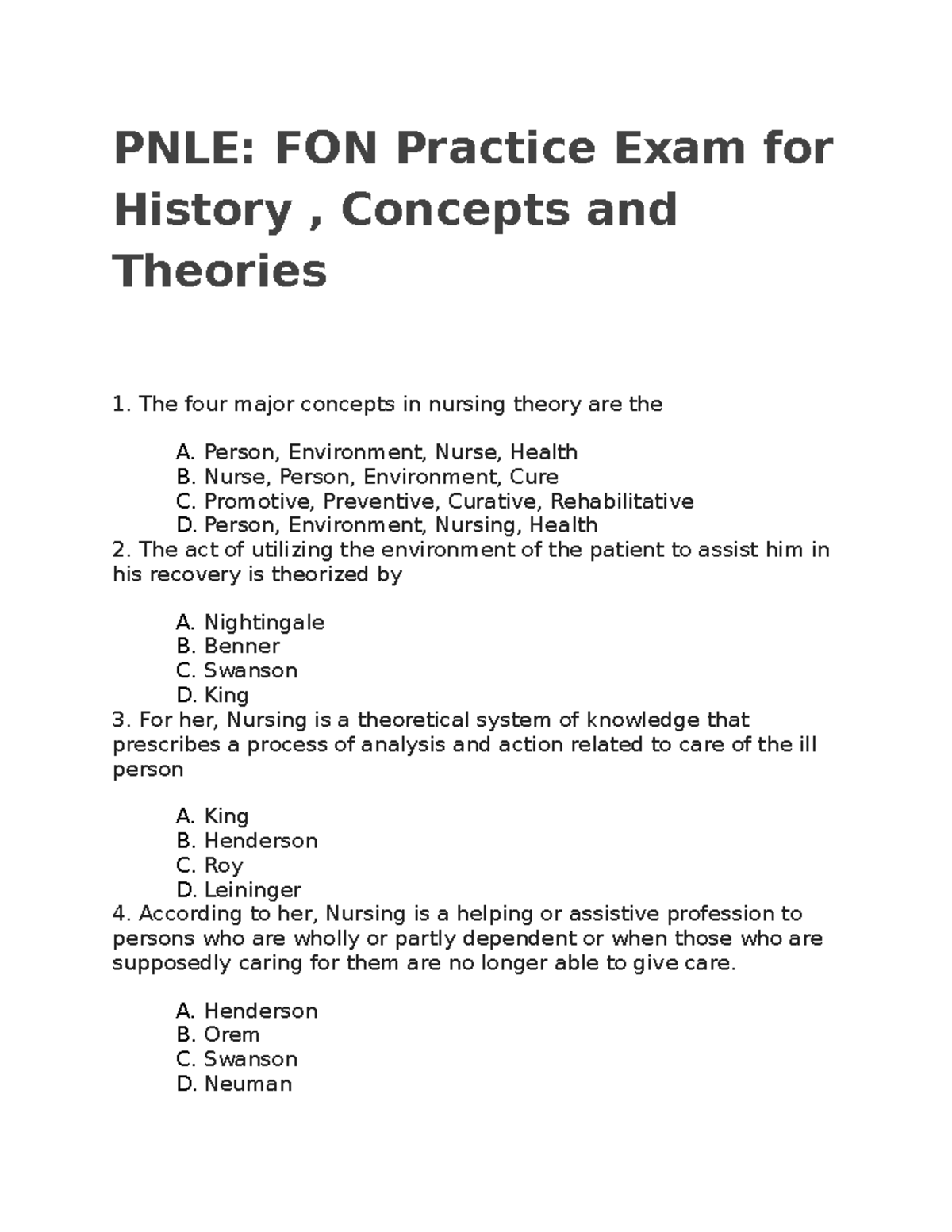 Foundation Of Nursing Practice Exam For History , Concepts And Theories ...