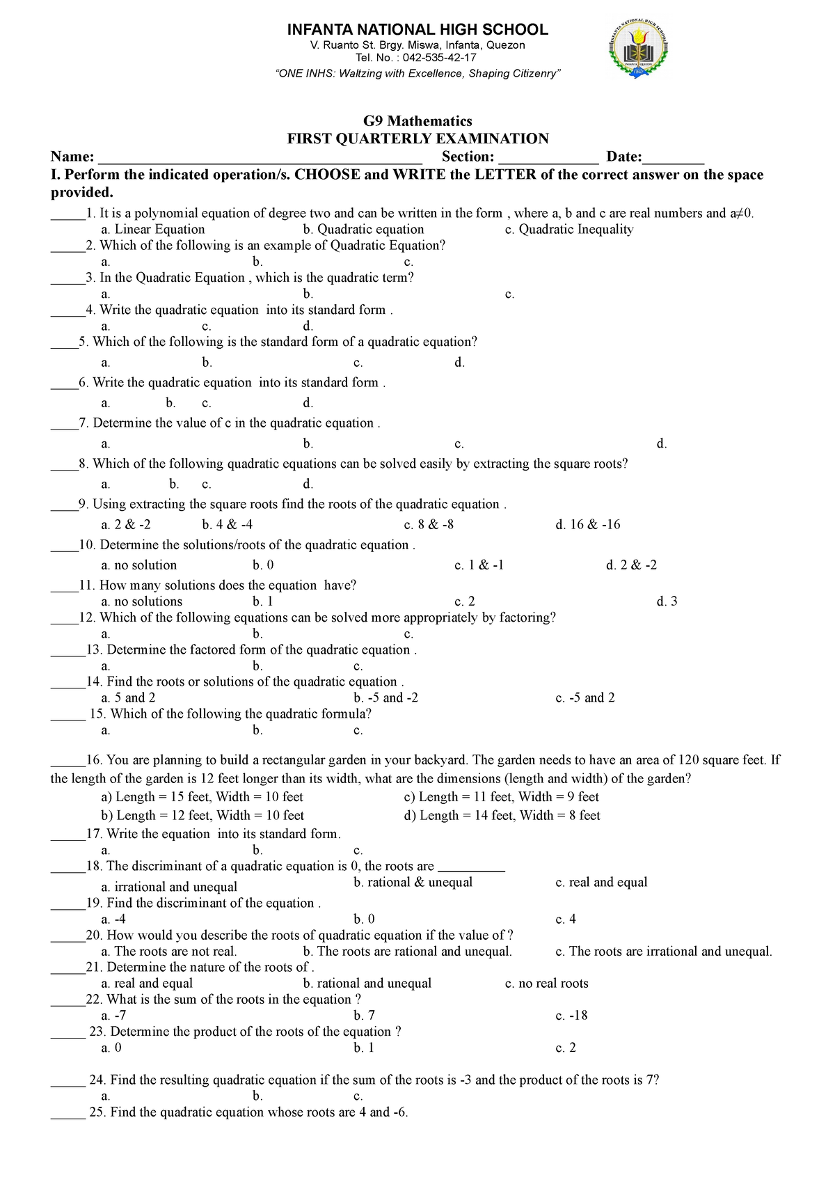 G9 Mathematics 1st QE 23-24 - INFANTA NATIONAL HIGH SCHOOL V. Ruanto St ...