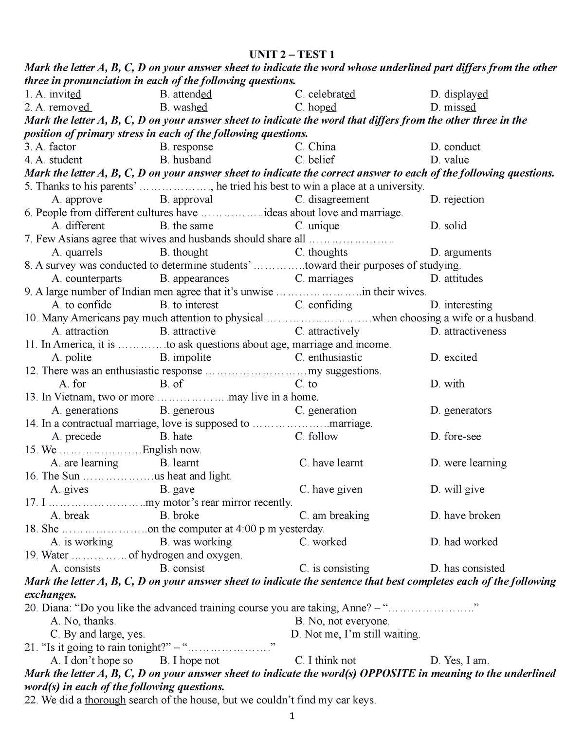 UNIT 2 - TEST 1 - ĐỀ - Test Tieng Anh - UNIT 2 – TEST 1 Mark The Letter ...