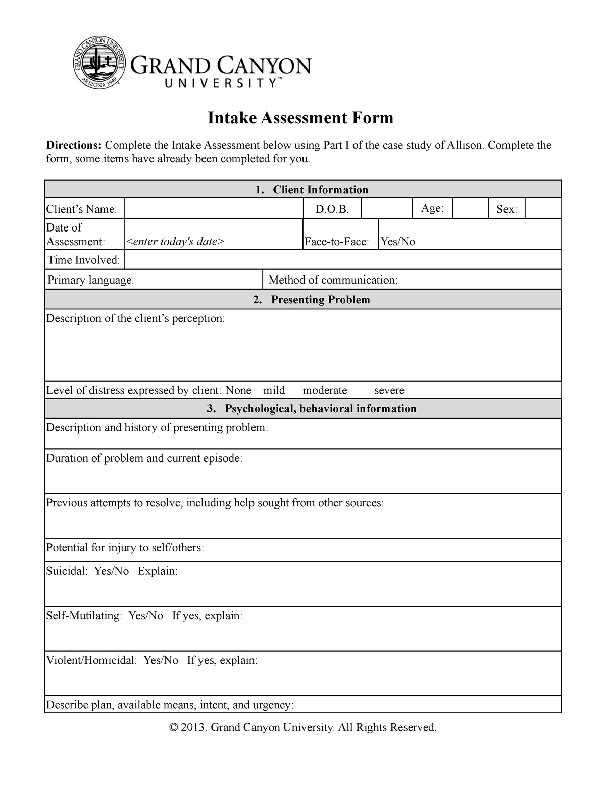 Pcn255 Practice Assignment Intake Assessment Form Directions Complete The Intake Assessment 4476