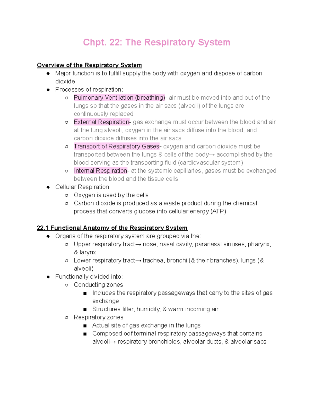 Chapter 22 Notes Chpt 22 The Respiratory System Overview Of The