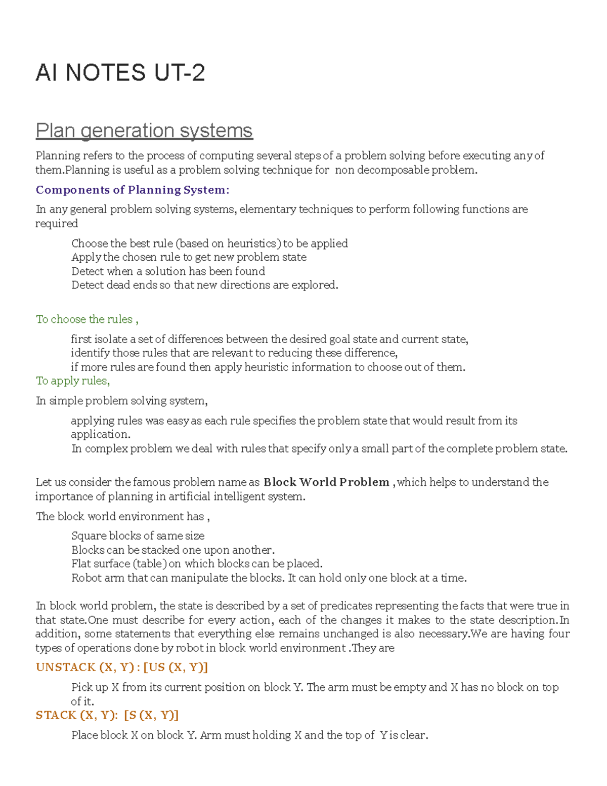 AI Notes UT2 AI NOTES UT Plan generation systems Planning refers to