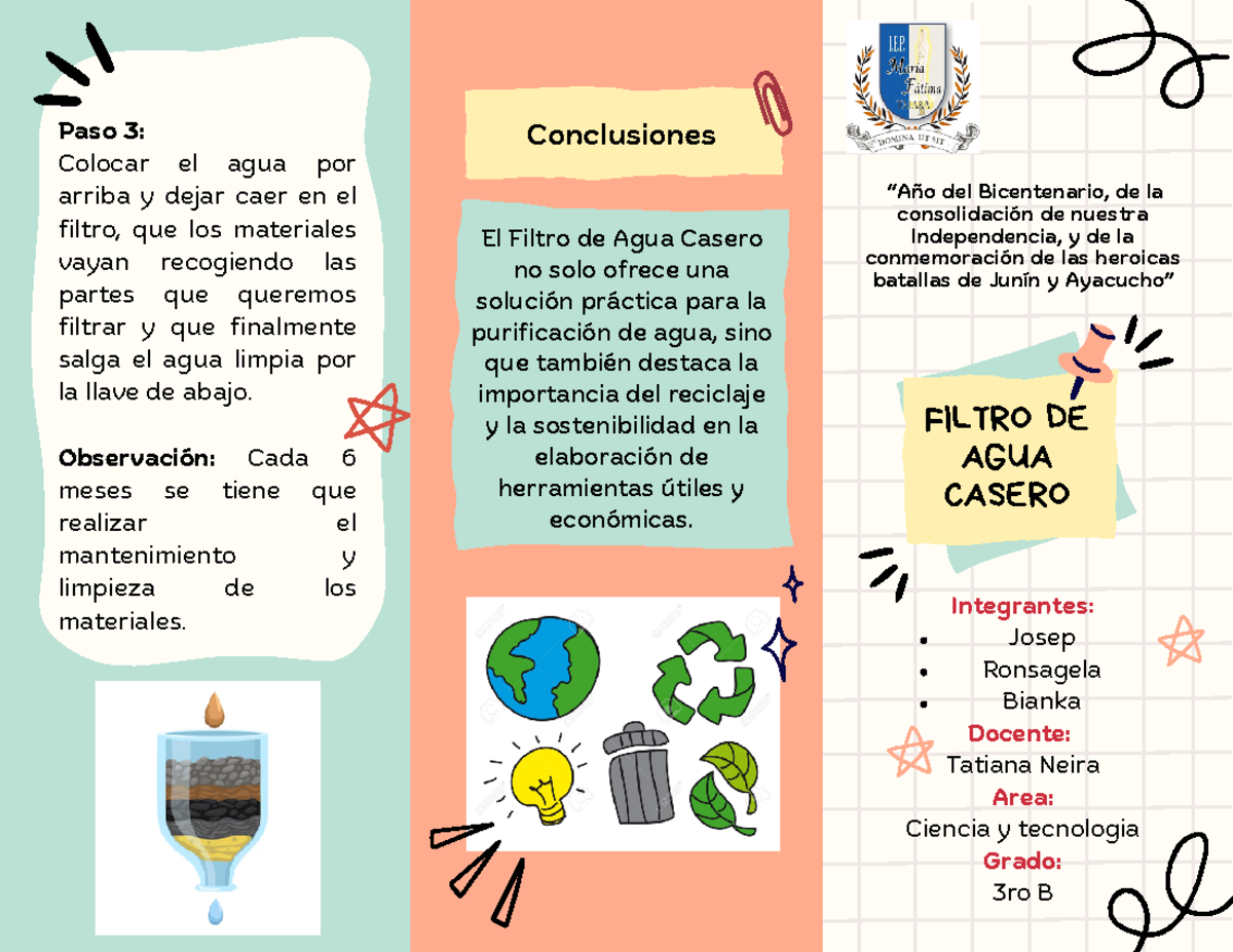 Triptico Filtro DE AGUA Casero - Integrantes: Josep Ronsagela Bianka