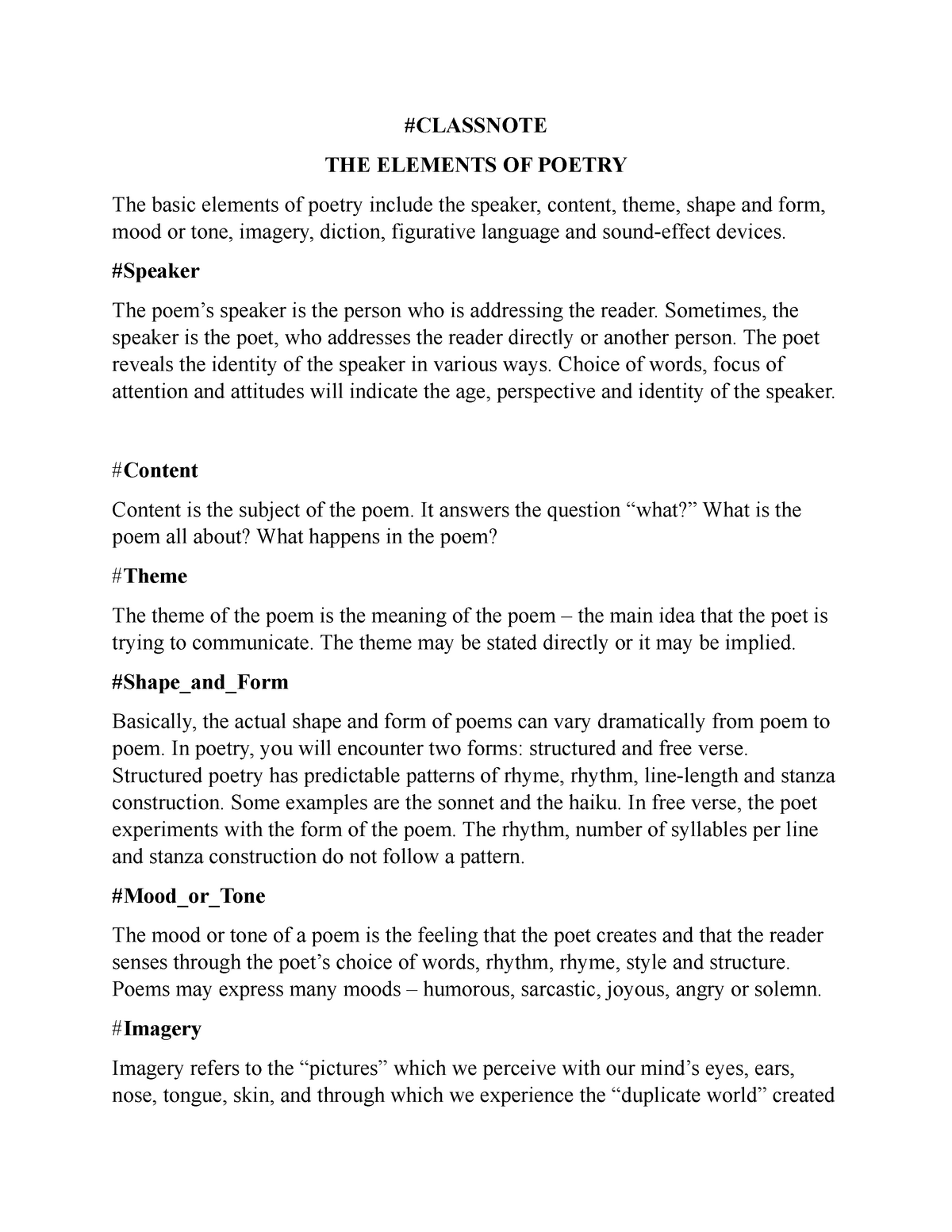 Classnote Element Of Poetry CLASSNOTE THE ELEMENTS OF POETRY The 