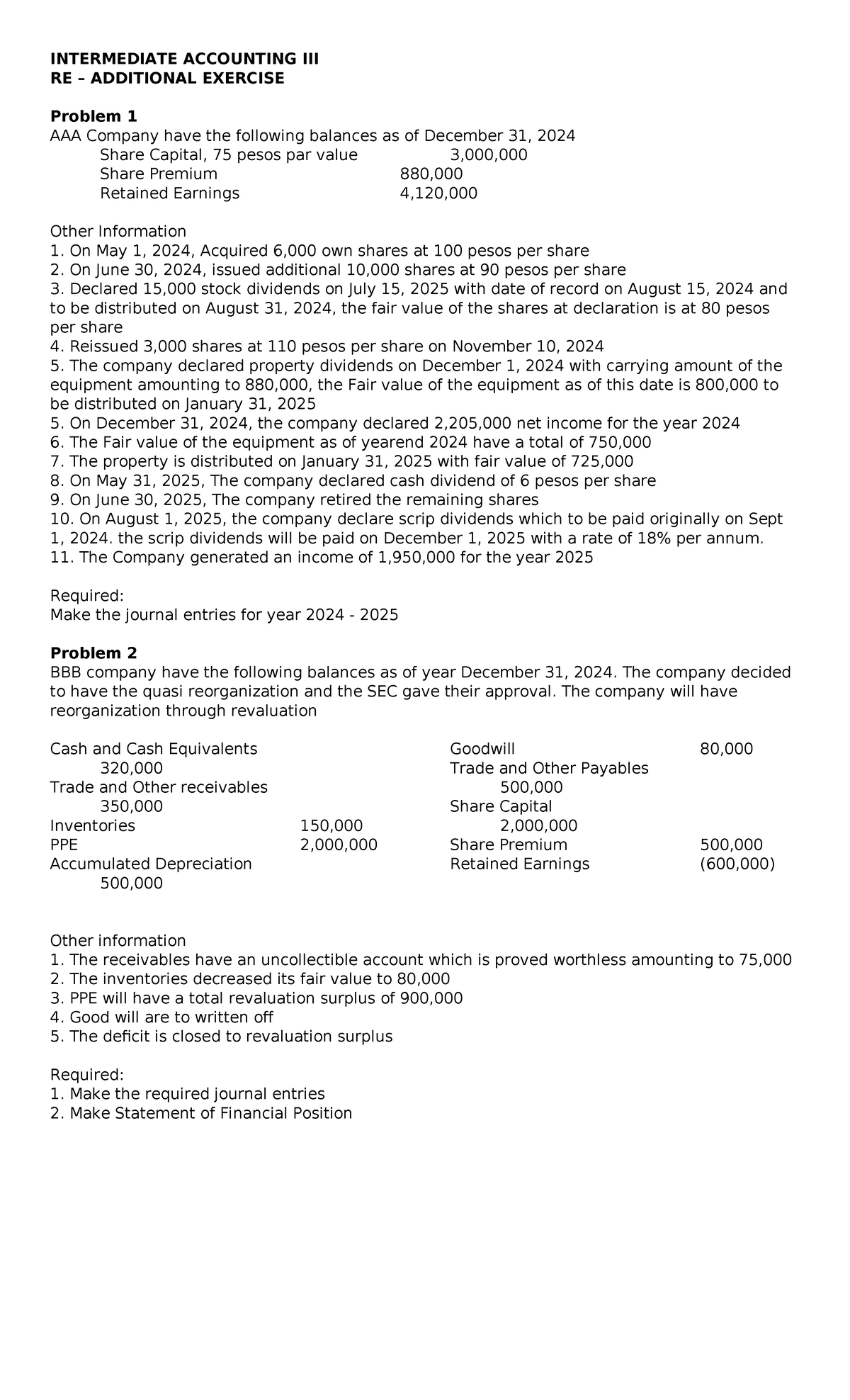 Re-additional-exercises - Intermediate Accounting Iii Re – Additional 