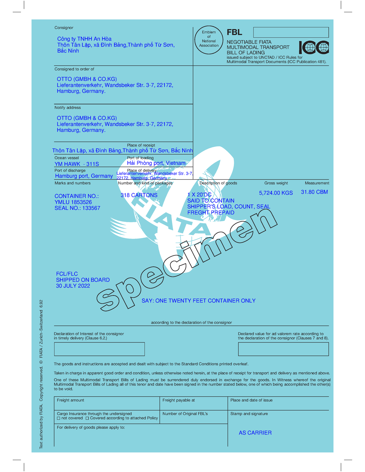 Fiata âcscsacsacasc Consignor FBL NEGOTIABLE FIATA MULTIMODAL