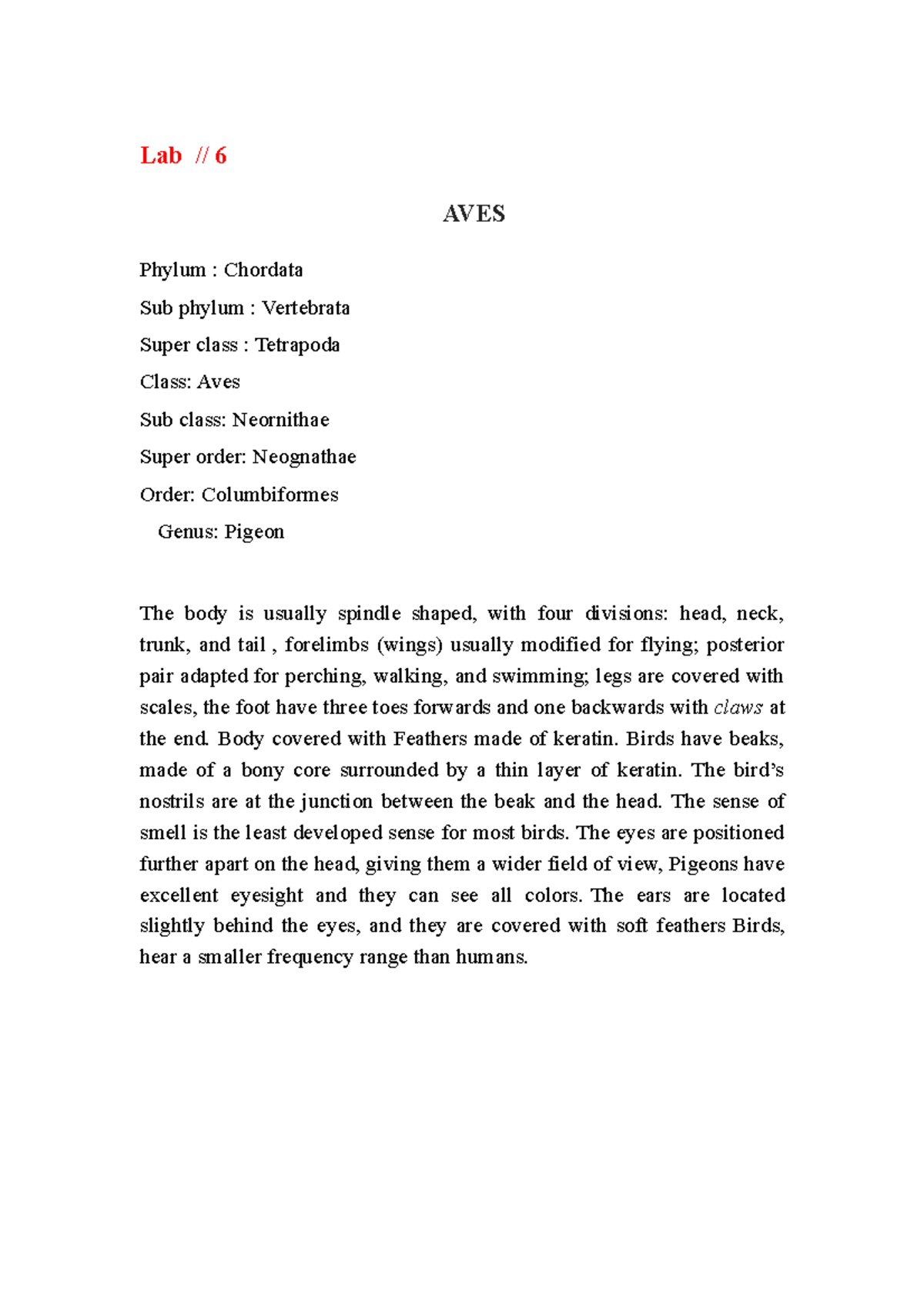 Comparative anatomy Lab 6 - Lab // 6 AVES Phylum : Chordata Sub phylum ...