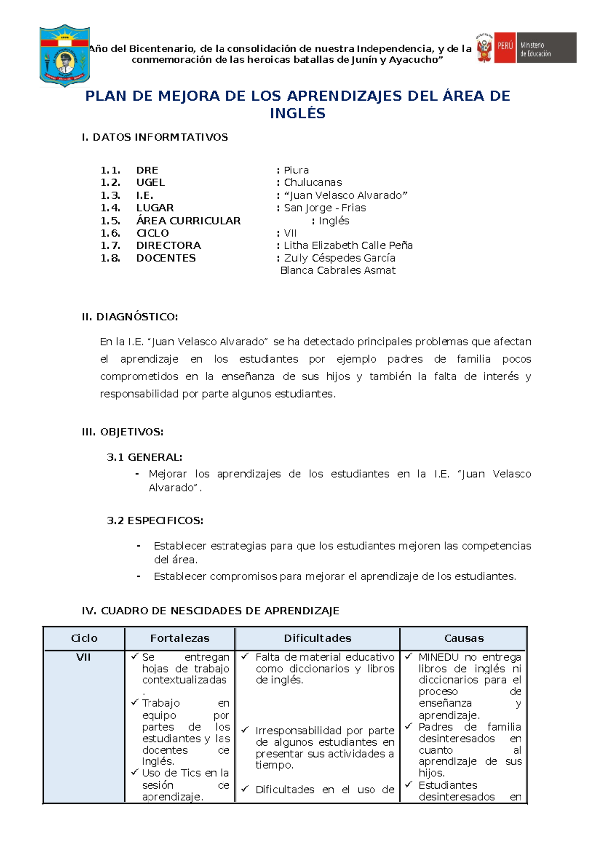 Plan de mejora del área de inglés - Ciclo VII - “Año del Bicentenario ...