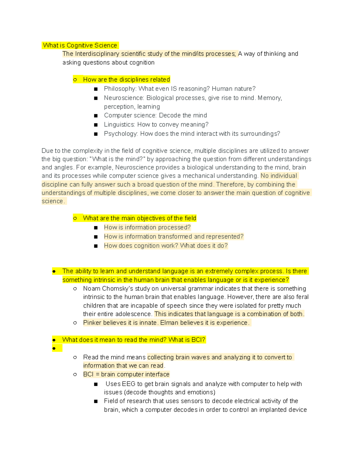 COGS 1 Quiz A Study Guide - What is Cognitive Science The ...