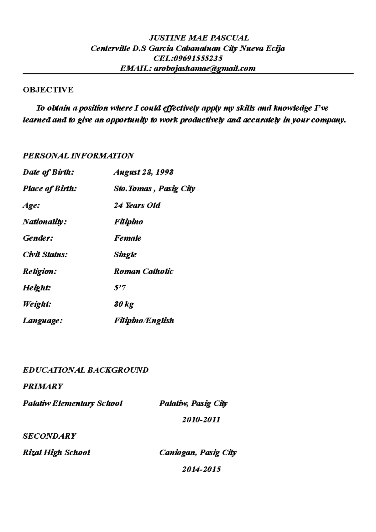 Justine-Mae-Resume - ..//... - JUSTINE MAE PASCUAL Centerville D Garcia ...