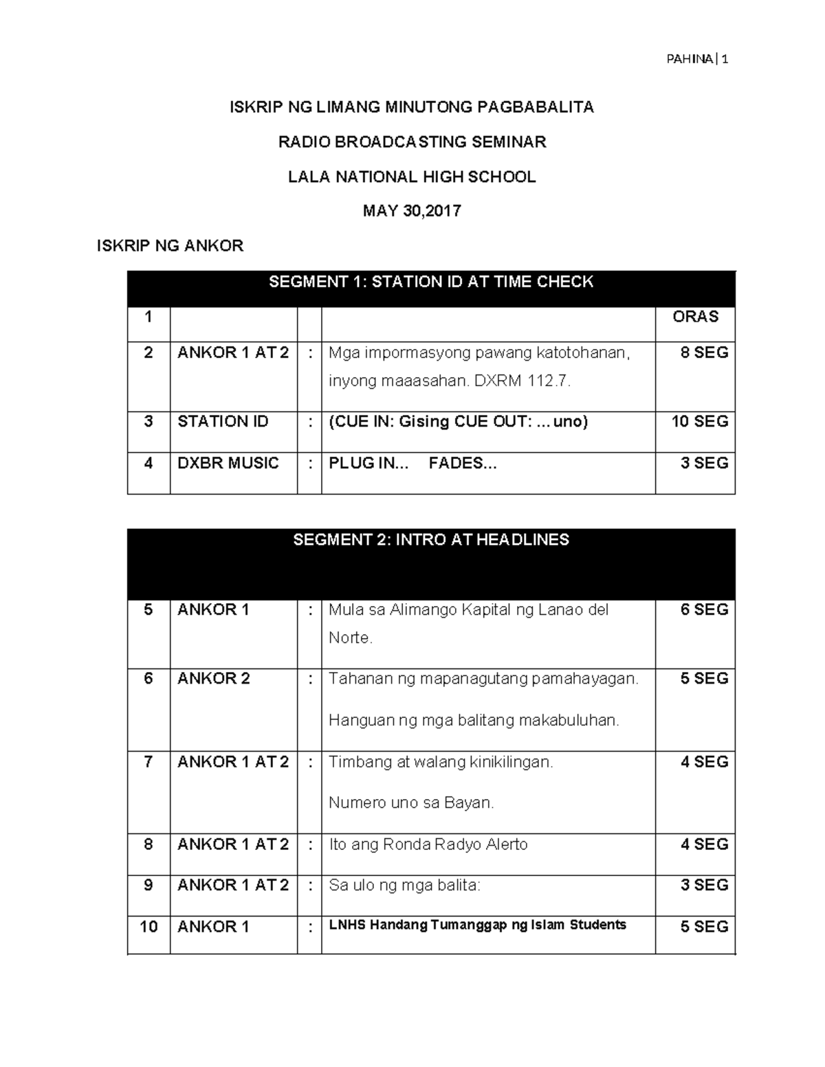 Radio Broadcasting Script - ISKRIP NG LIMANG MINUTONG PAGBABALITA RADIO ...