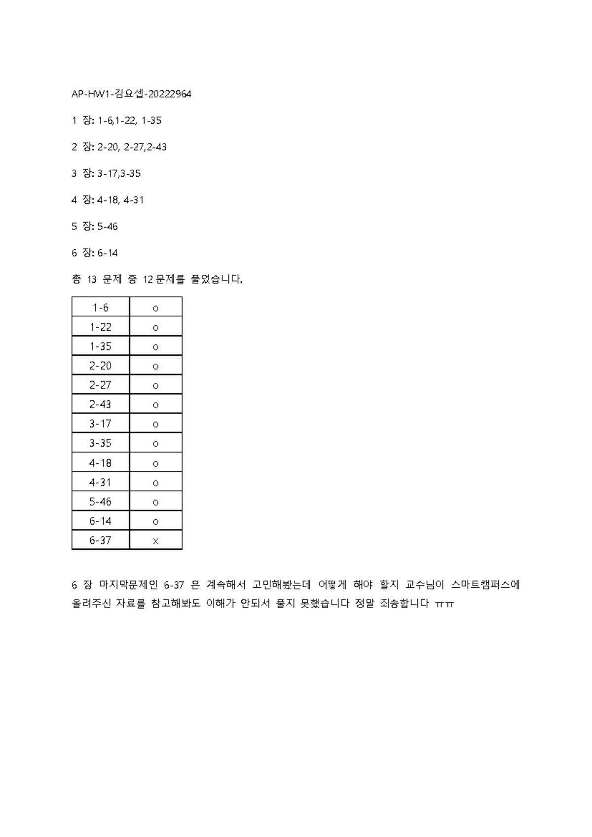 AP_HW1_Homework - AP-HW1-김요셉- 20222964 1 장: 1-6,1-22, 1- 35 2 장: 2-20 ...