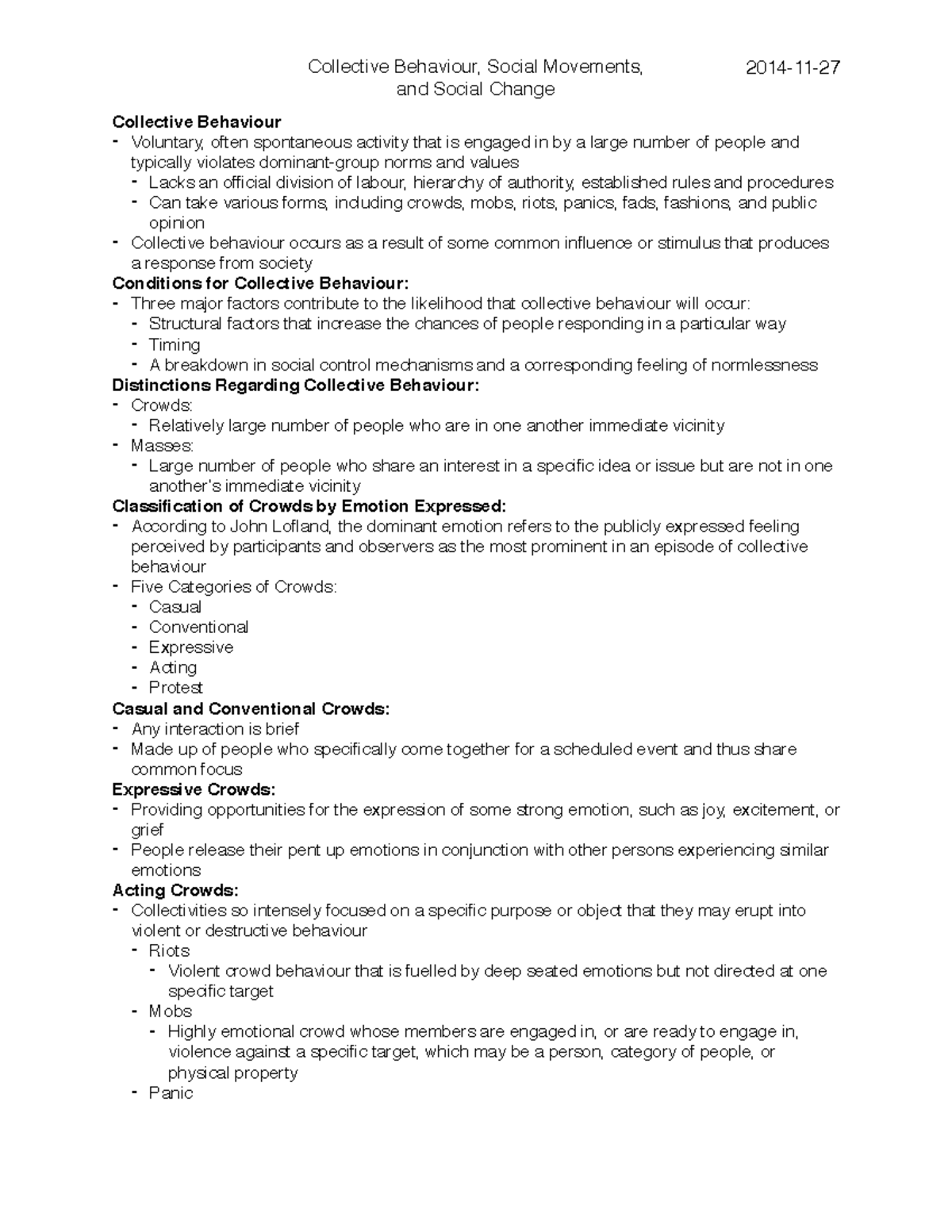 Lecture notes - Collective Behaviour, Social Movements, Social Change ...