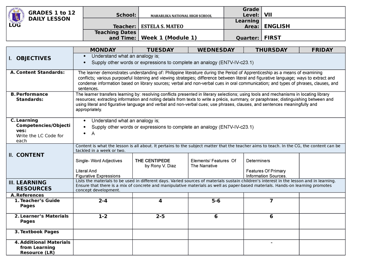 DLL 2nd Quarter Wk1 - Lesson Plan - GRADES 1 To 12 DAILY LESSON LOG ...