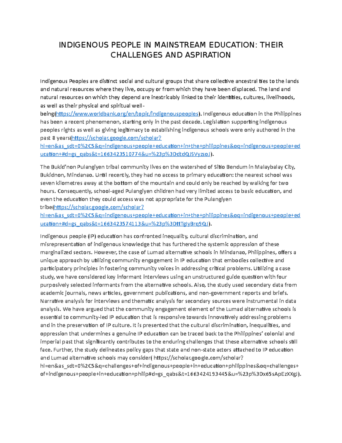 Introduction research - INDIGENOUS PEOPLE IN MAINSTREAM EDUCATION ...