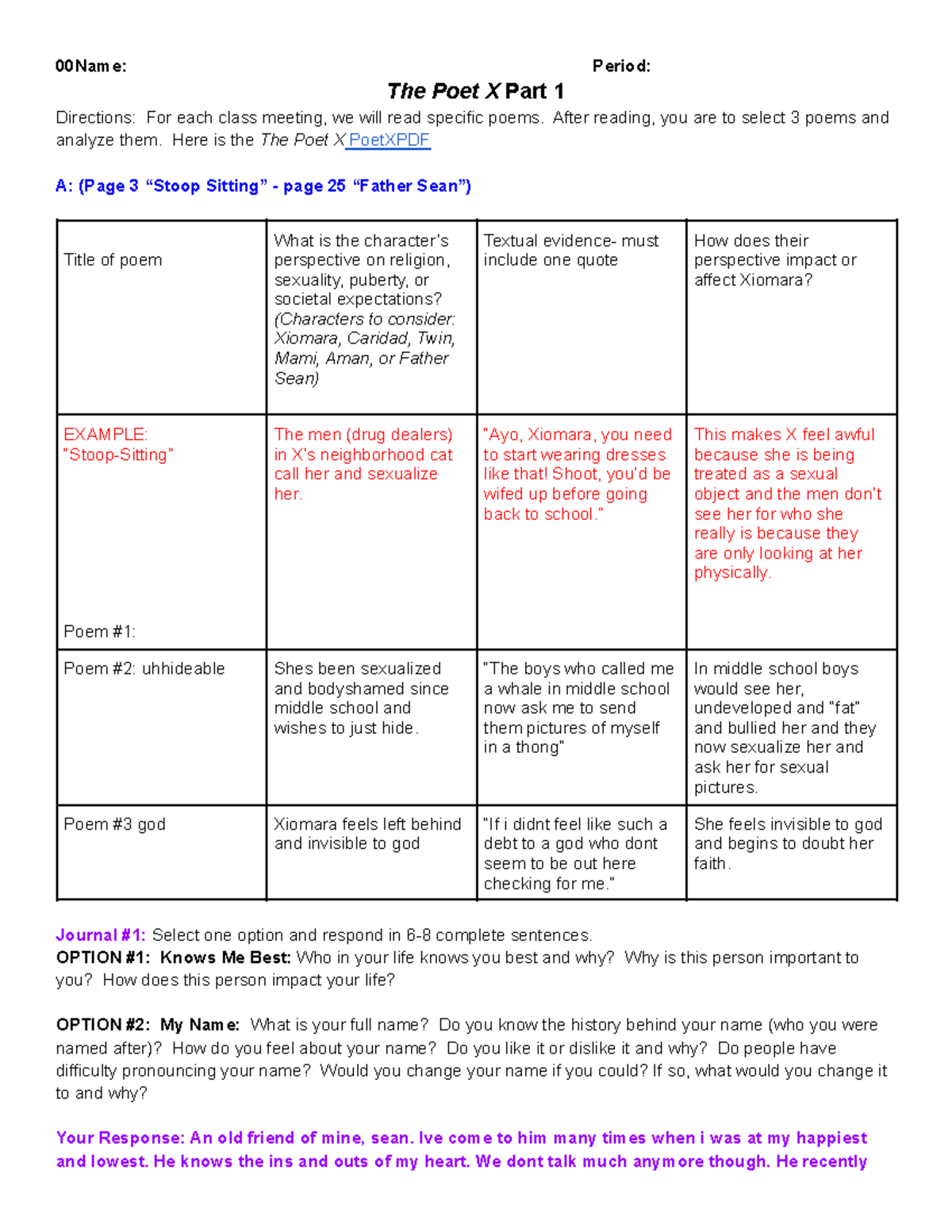 Copy of Poet X Part 1 Chart 2022 00Name Period The Poet X Part 1