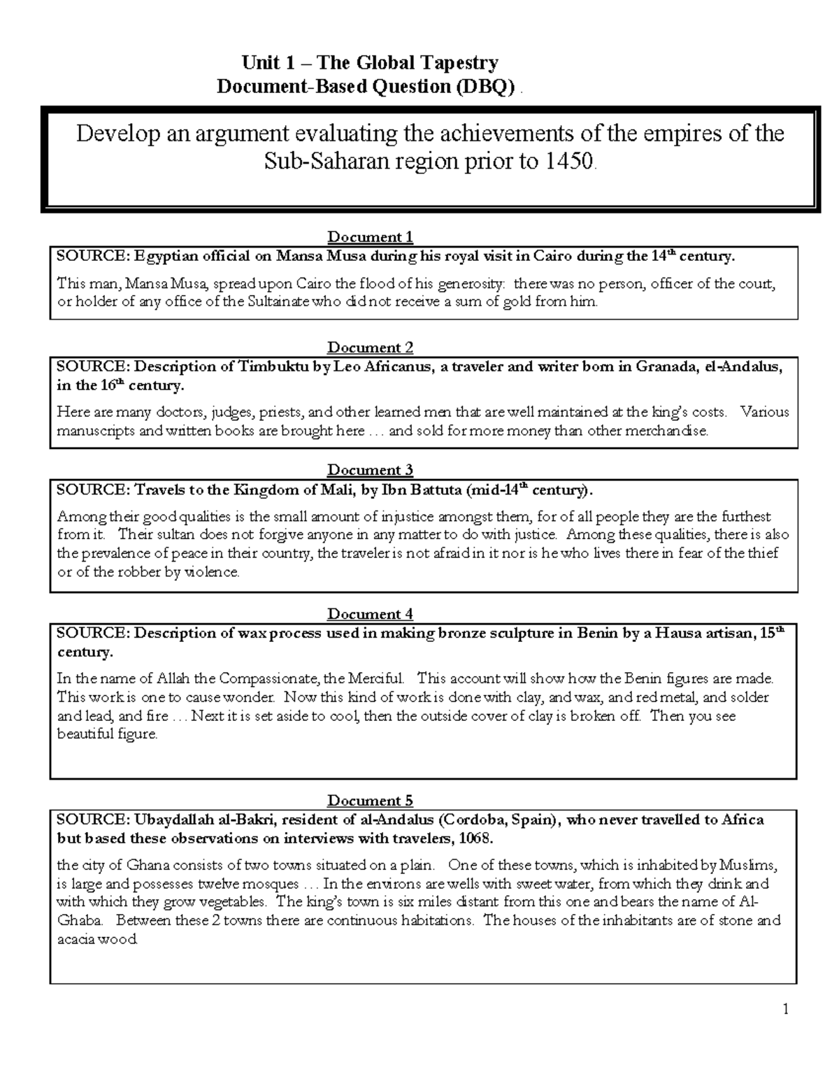 Unit 1 Africa DBQ Reading questions 1 Unit 1 The Global